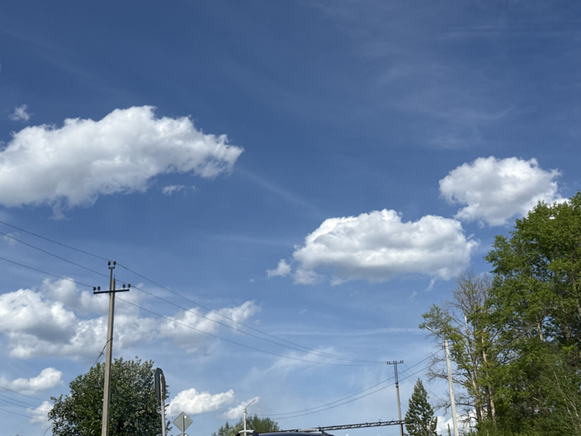 The image depicts a daytime scene in Фоки, Russia, with a blue sky dotted with cumulus clouds. In the foreground, there are utility poles with wires stretching across the frame. Vegetation, including trees and bushes, is visible along the bottom and right edges of the image. The overall impression is a clear day with a mix of infrastructure and nature.