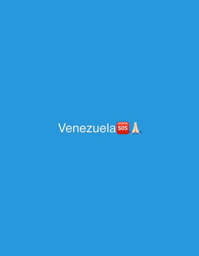 The image displays the text "Venezuela sos" followed by a praying hands emoji, set against a solid blue background. The text and emoji are positioned in the lower center of the image.