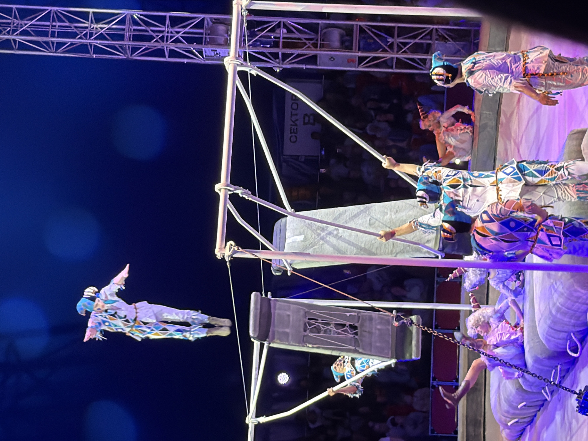 In an arena at an Unknown city, Unknown, a circus performance is underway. A performer, dressed in a diamond-patterned costume, is suspended mid-air. Another performer, also in a similar costume, is on a swinging apparatus. Several other performers in matching costumes are on the ground or on a padded mat. The background shows a crowd watching the performance and a large metal structure.