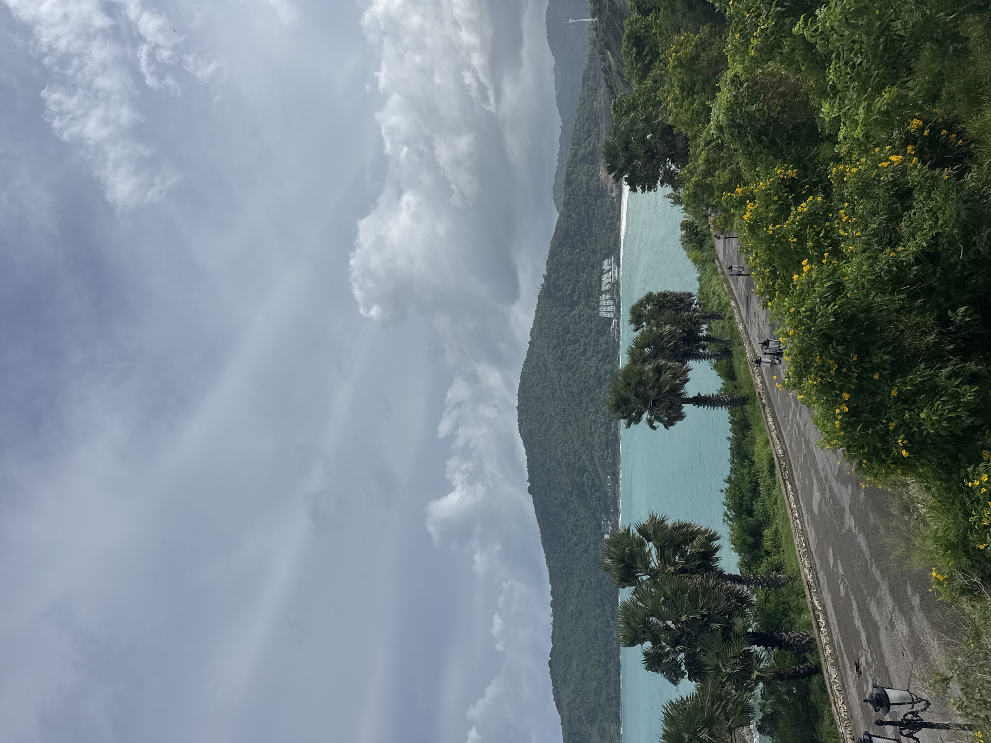 An elevated, eye-level, medium shot captures a scenic coastal view in Rawai, Thailand, under a heavily clouded sky. In the foreground, a paved road curves gently to the left, flanked by lush green foliage. Several black, ornate lampposts are visible along the road. Dense green trees with scattered yellow blossoms dominate the right side of the frame. In the mid-ground, a line of palm trees stands tall against a turquoise sea, with choppy waves indicating a breezy day. Beyond the sea, a densely forested green mountain range forms the backdrop, with a cluster of white buildings visible on its lower slopes. The horizon is dotted with more distant, hazy mountains. The overall atmosphere is overcast and possibly humid.