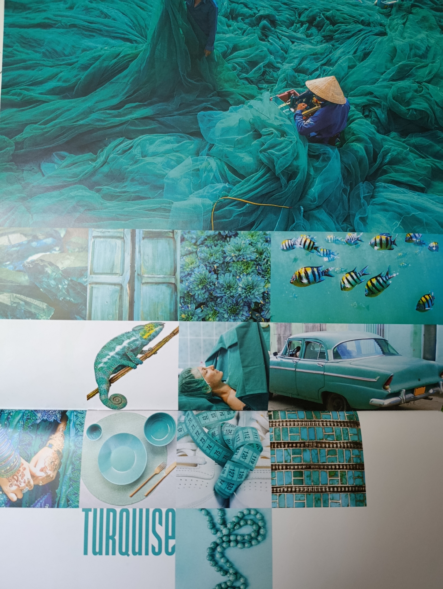 The image is a collage of various photographs, all featuring shades of turquoise and blue. The top portion shows a wide shot of a person wearing a conical hat, sewing a large turquoise net. Below this, several smaller images are arranged. One shows a chameleon perched on a branch. Another depicts several tropical fish swimming in blue water. There's a photograph of a vintage turquoise car, and another of a person lying down, possibly in a medical setting. Other images include close-ups of hands with henna tattoos, a set of turquoise tableware, a measuring tape, and intricate turquoise tilework. At the bottom, the word "TURQUOISE" is displayed in large, turquoise letters. The collage as a whole is designed to showcase the color turquoise in diverse contexts.