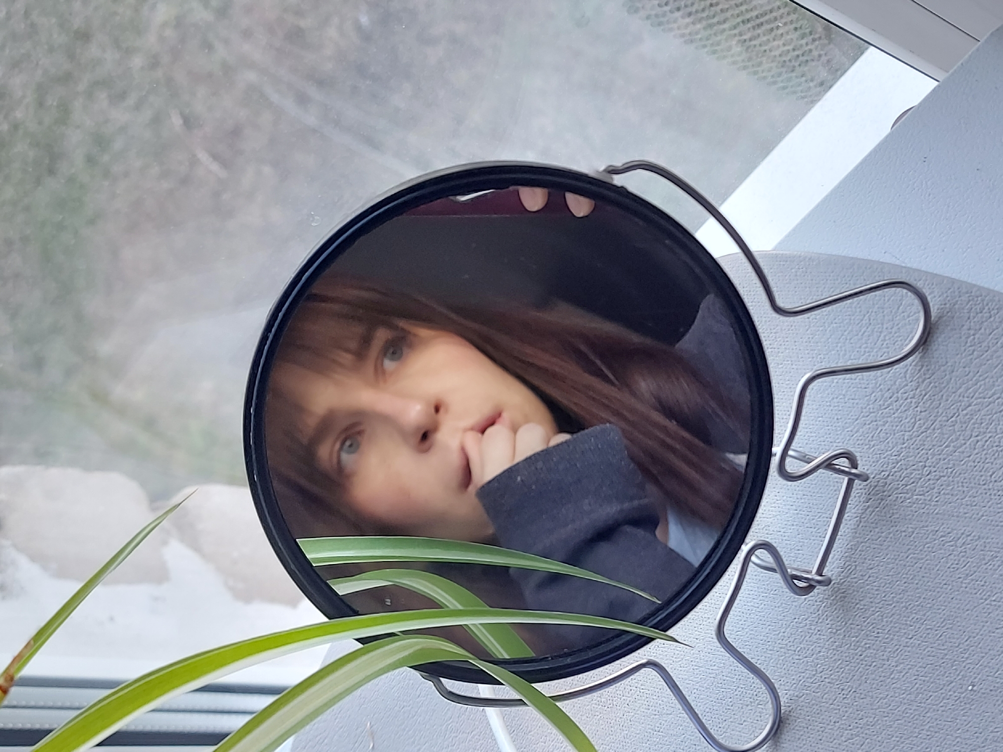 A woman's reflection is seen in a round mirror with a black frame and wire stand. She has light skin, brown hair with bangs, and is wearing a gray sweater. Her hand is raised to her mouth. In the foreground, there are green and white striped leaves, possibly from a spider plant. The mirror is positioned in front of a window with a blurred, indistinct view outside. The surface the mirror is resting on is light gray and textured. The location is assumed to be Chaikovsky, Russia.