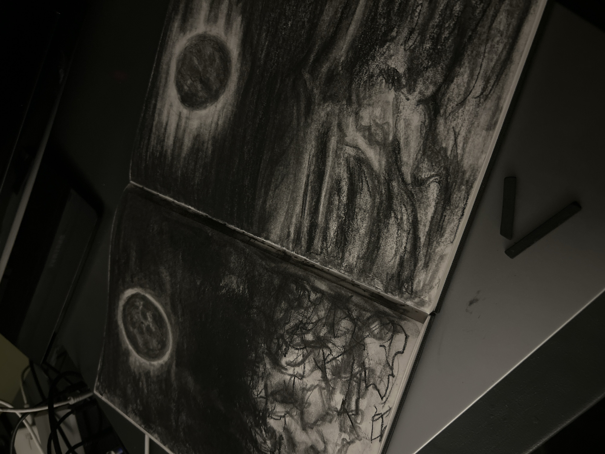 The image shows a charcoal drawing in a sketchbook, open to a two-page spread. Each page features a circular shape, possibly a moon or planet, in the upper left quadrant. The remainder of each page is filled with dark, heavily smudged charcoal markings, suggesting dense foliage or abstract forms. Two sticks of charcoal are placed on the surface beside the sketchbook. The setting appears to be indoors, on a desk or table, possibly within an art studio. Details to determine the location in Cape Coral, United States of America are not discernible.
