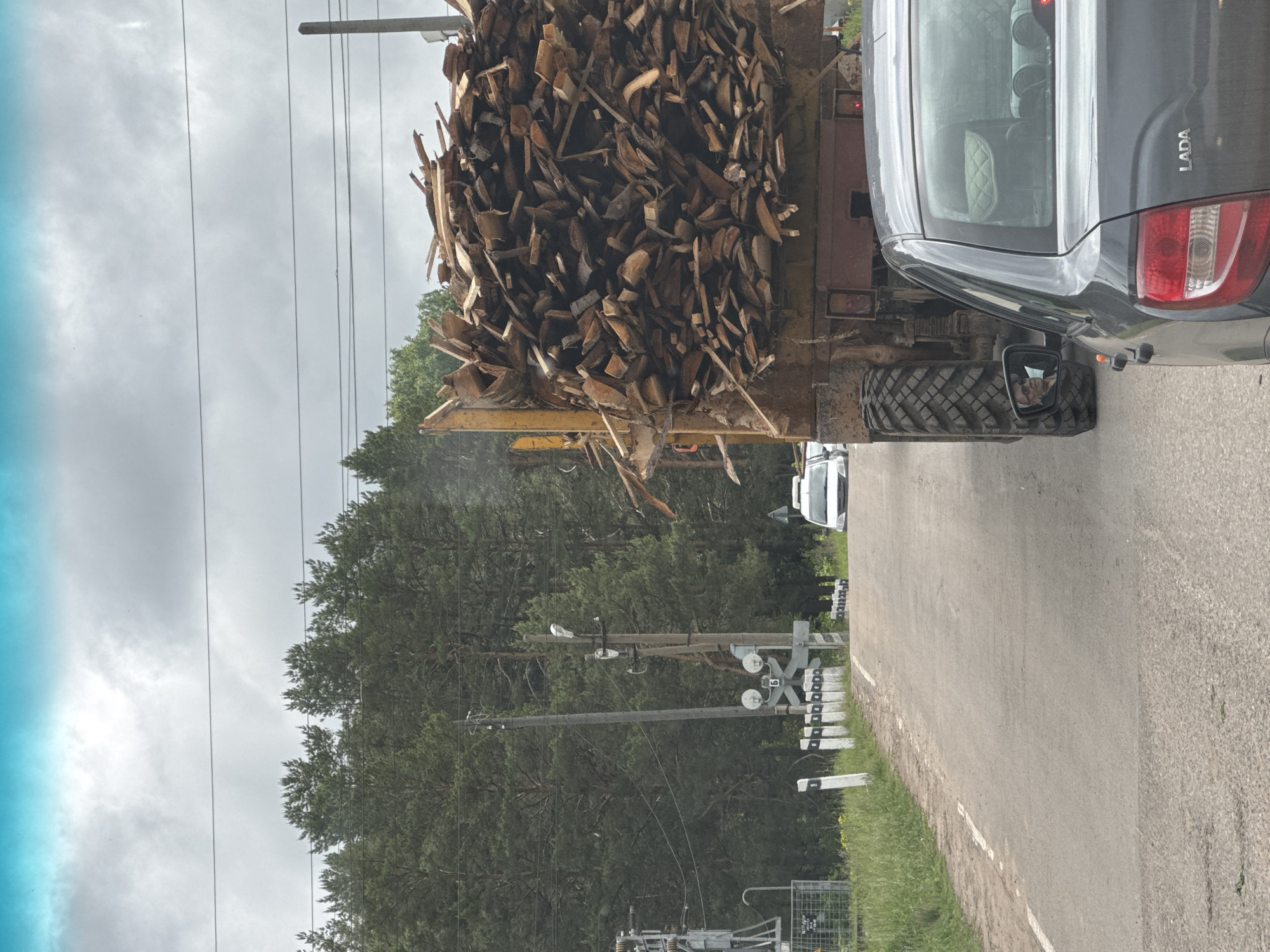 The image, taken in Пычас, Russia, captures a daytime scene on a rural or semi-rural road under an overcast sky. A large, yellow-colored truck dominates the left side of the frame, heavily laden with a massive, loosely piled load of various wood scraps and firewood. The truck's sturdy, off-road tire is visible near the bottom right.
Parallel to the truck, on the right side of the road, is a dark grey sedan. The word "LADA" is visible on its rear, identifying the make of the car. In the sedan's passenger-side mirror, a reflection of a small, light-colored face, possibly a dog or small child, can be discerned.
In the background, a dense coniferous forest stretches across the horizon. Power lines and utility poles traverse the sky. To the right of the forest, a railway crossing is marked by a white crossbuck sign, flashing signal lights (one of which has a visible number "5"), and striped distance markers along the roadside. The asphalt road shows a worn white line marking its edge, bordering a grassy shoulder. Another white car is partially visible in the distance near the railway crossing. The overall impression is a common sight of transport and infrastructure in a natural, forested area.