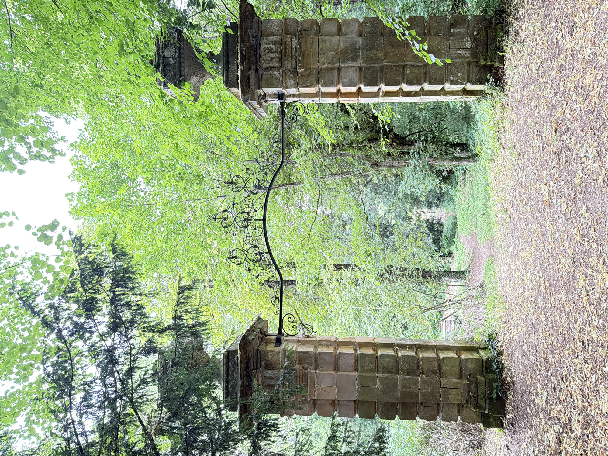 An ornate, weathered stone archway stands sentinel in a wooded area, framing a path that recedes into the distance. The archway is composed of two large, square stone pillars, each topped with a decorative urn. A wrought-iron arch, embellished with intricate scrollwork, connects the tops of the pillars. The pillars themselves are constructed from stacked, rough-hewn stone blocks, showing signs of age and erosion.
The surrounding environment is a dense forest with lush green foliage. Sunlight filters through the leaves, dappling the ground and path. The path is covered with fallen leaves, suggesting an autumn or late summer setting. The overall impression is one of old-world charm and natural beauty. The location of this archway is the historic entrance to the "Märzengrund" in Heiligenstadt i. OFr., Germany.