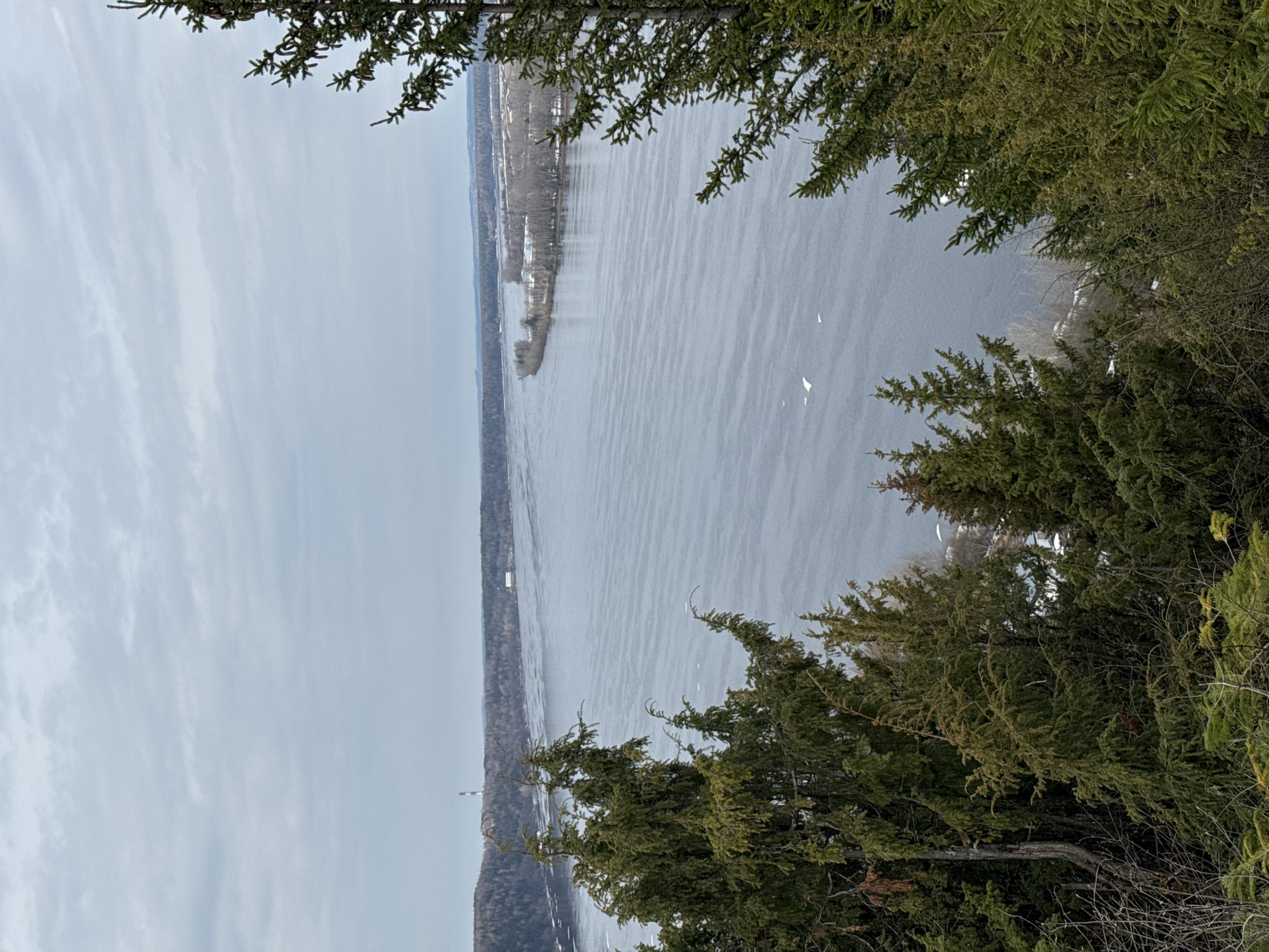 The image depicts a body of water viewed from an elevated position, framed by evergreen trees. The sky is overcast. Patches of snow are visible along the shoreline. A thin strip of land runs along the left side of the water, featuring trees and possibly a structure. The location appears to be a natural landscape setting in the city of Unknown, Unknown.