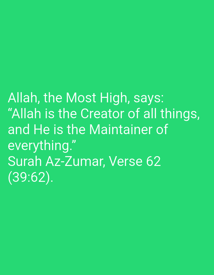 The image is a close-up, eye-level shot of a green background with white text. The text states: "Allah, the Most High, says: 'Allah is the Creator of all things, and He is the Maintainer of everything.' Surah Az-Zumar, Verse 62 (39:62)." There are no people, subjects, objects, actions, interactions, or environmental elements visible in the image beyond the text and background. The location of Bishkek City, Kyrgyzstan is not depicted or suggested by any visual cues in the image.