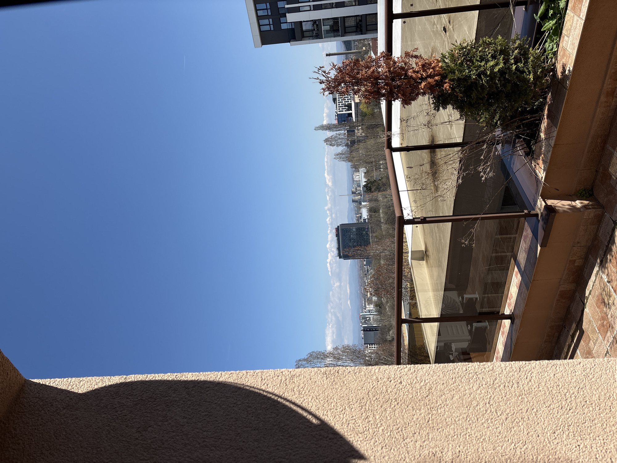 View from a balcony in Sofia, Bulgaria, on a sunny day. The balcony has a glass and metal railing with potted plants, including evergreen shrubs and dried bushes. In the distance, several buildings are visible, along with bare trees and a hazy cityscape. The sky is clear blue, with a single contrail. The foreground features a textured beige wall in shadow.