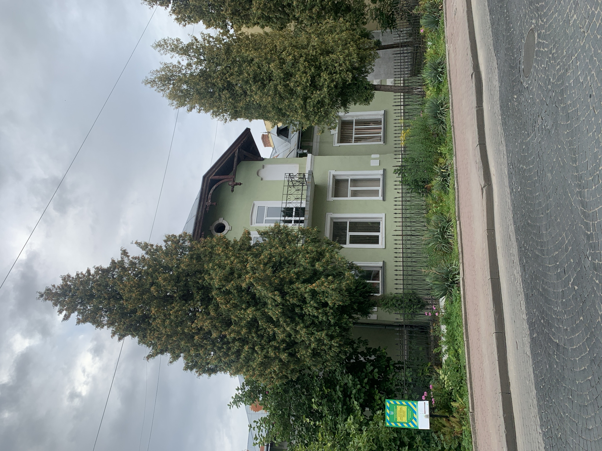 The image captures a street view in Kolomyia, Ukraine, focusing on a pale green, two-story building with a decorative balcony and dormer windows. The building is partially obscured by several tall, mature evergreen trees in the foreground. A black wrought-iron fence separates the building's garden from the sidewalk. The garden is planted with a variety of green shrubs and some small pink flowers. A sign with Ukrainian text and a yellow and blue emblem is visible on the left side of the frame, near the fence. The street in front of the sidewalk is paved with dark cobblestones, and a portion of a red-brick sidewalk is visible. The sky is overcast with gray clouds.