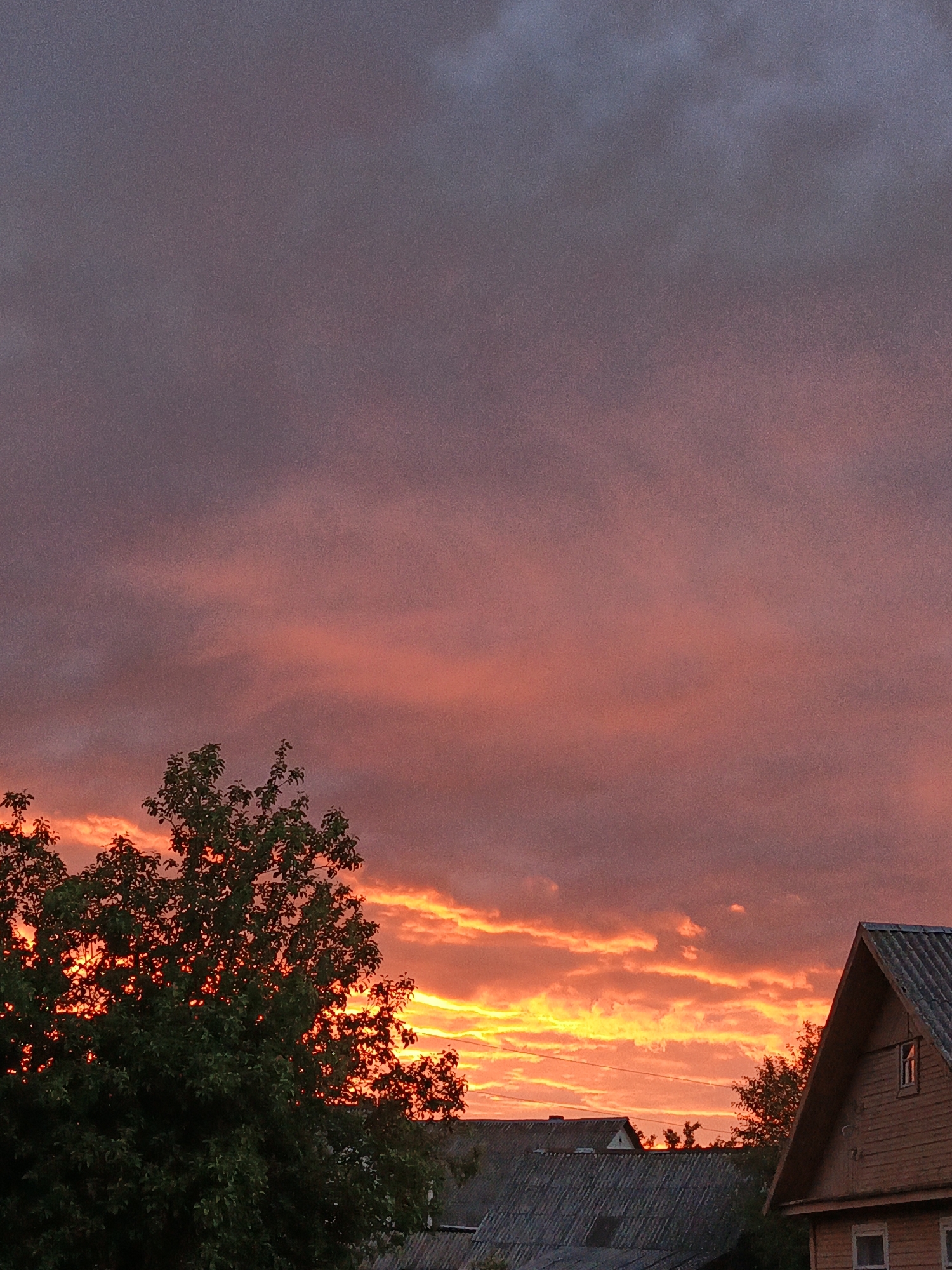 The image shows a vivid sunset over a rural landscape. The sky is predominantly a mix of reds and oranges, with darker, purplish clouds above. A tree with green foliage is silhouetted in the lower left of the frame. To the right, the roofs of several buildings are visible, including a house with a wooden facade and a peaked roof covered in dark shingles. The location is likely in or near Лосева, Belarus, given the rural character of the scene and the presence of traditional wooden buildings. There are no people visible in the image.