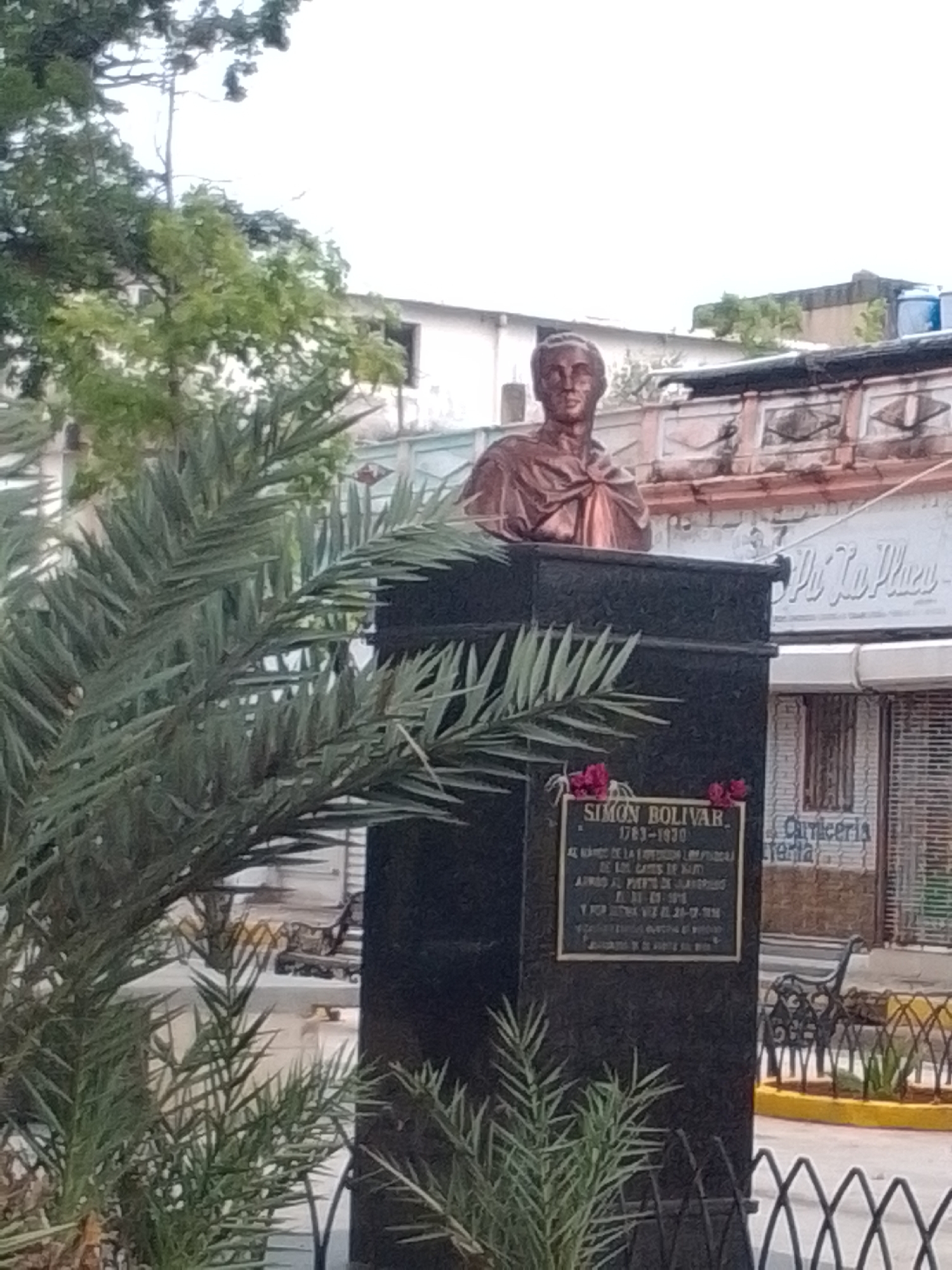 The image depicts a bronze bust of Simón Bolívar atop a black stone monument. A plaque on the monument reads "SIMÓN BOLÍVAR, 1783-1930" and contains further text in Spanish. Two small pink flowers are placed at the top of the plaque. To the left of the monument, palm fronds extend into the frame. In the background, a building with a faded sign reads "Pu To Pleau" and another sign reads "Carniceria Terlia". A wrought-iron fence encloses a flower bed with a yellow border. The scene appears to be an outdoor public space, possibly a plaza or park.