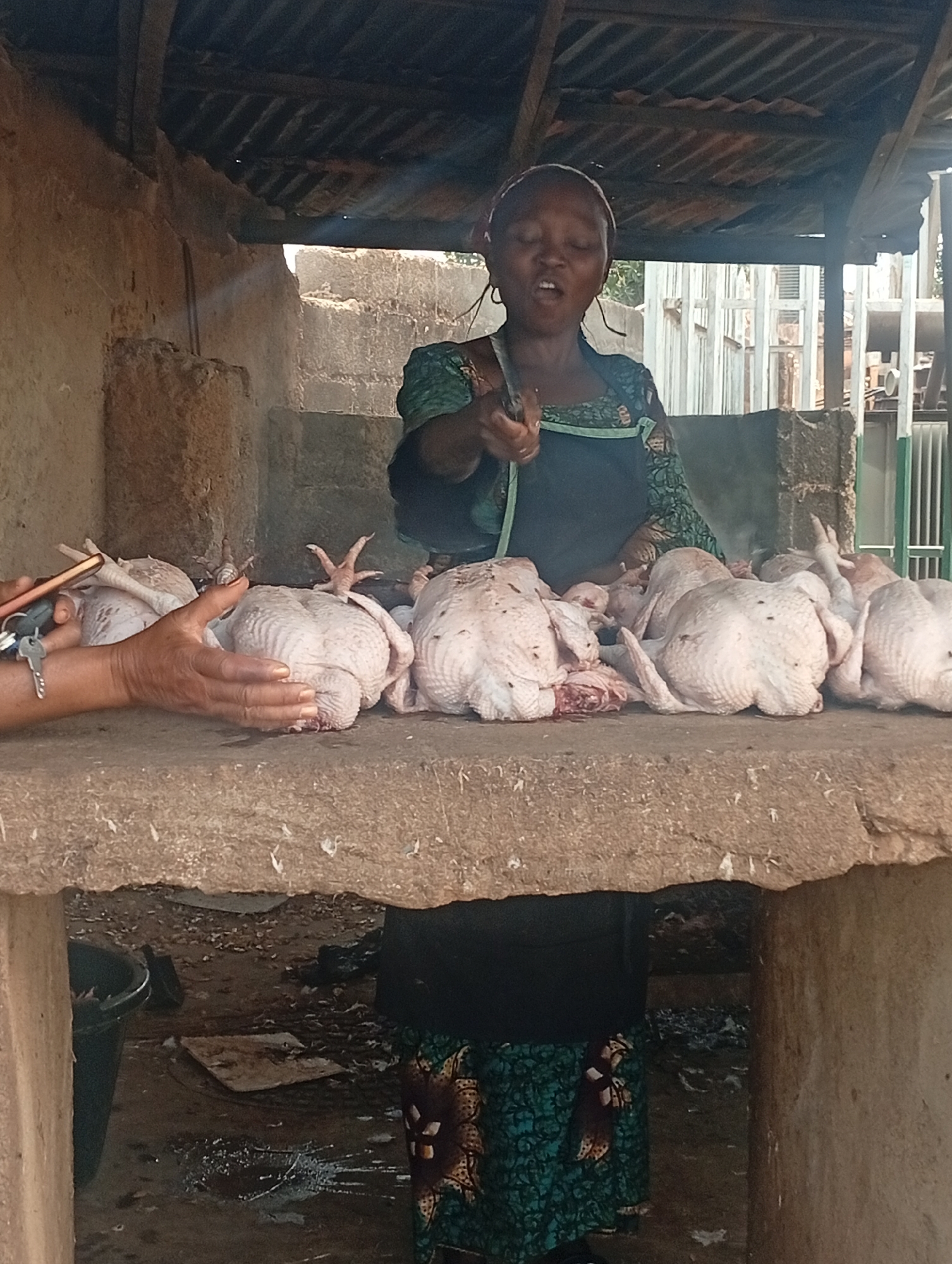 A woman stands behind a concrete counter laden with plucked chickens in what appears to be a market stall in Barakin Akawo, Nigeria. The woman, who is wearing a head covering, a dark apron, and a patterned green and blue dress, gestures with her right hand. A customer is holding a smartphone and keys. The floor is wet and unclean. The stall has a rudimentary roof.