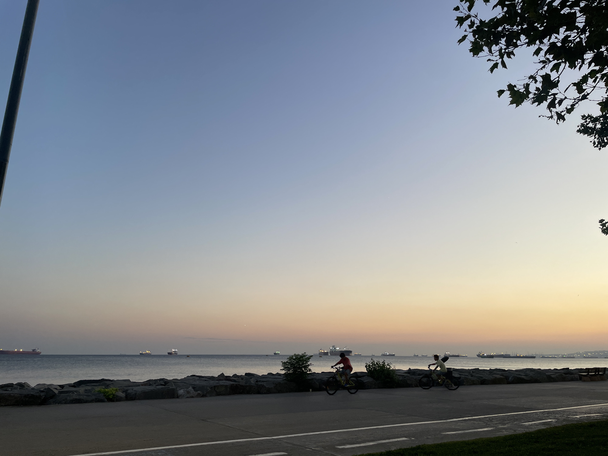 The image depicts a serene coastal scene at dusk, likely in Bakırköy, Turkey. The sky transitions from a clear, pale blue at the top to soft hues of pink and orange near the horizon. A dark, vertical pole, possibly a lamppost, stands on the left side of the frame. In the foreground, a paved pathway runs horizontally, bordered by green grass. Two individuals are riding bicycles on this pathway. The person on the left, silhouetted against the dusky sky, is wearing a red shirt and dark shorts. The person on the right, also a silhouette, is wearing a light-colored shirt and dark shorts.

Beyond the pathway, a rocky embankment separates the path from the sea. The water is calm, with several large cargo ships anchored or sailing in the distance. The ships are illuminated, their lights reflecting faintly on the water. A few small trees and bushes are scattered along the rocky shoreline. In the upper right corner, the dark silhouette of tree branches with leaves is visible against the sky. The overall atmosphere is peaceful and tranquil, capturing the quiet end of a day by the sea.