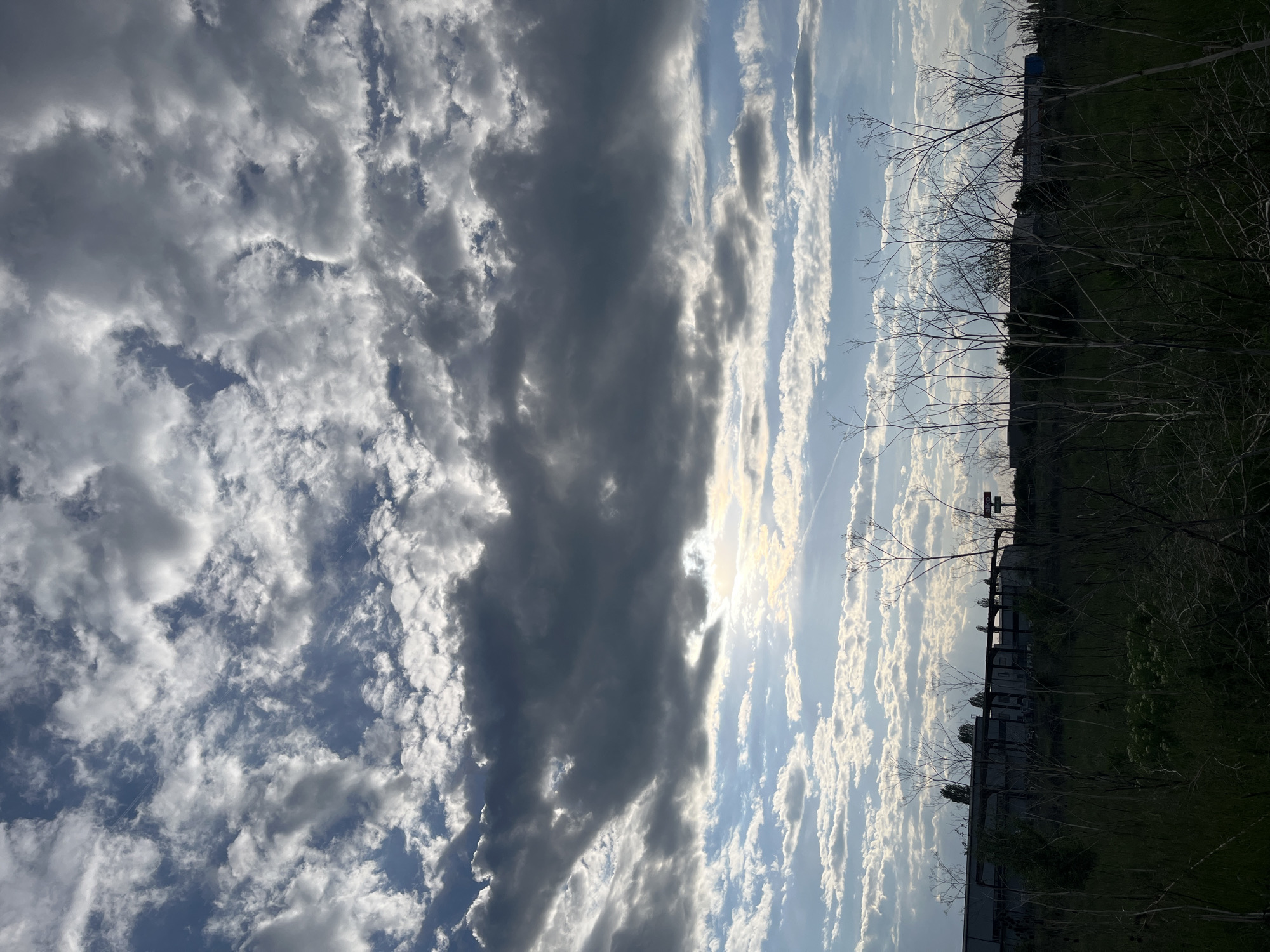 The image shows a sky with a mix of cumulus and stratocumulus clouds, some dense and dark gray, others thinner and white, against a blue sky. The sun is partially obscured by the darker clouds. The lower portion of the image reveals a silhouette of trees and vegetation in the foreground, with structures of unknown function in the background. Without additional information or closer proximity, it's not possible to definitively determine if the structures are located in Sofia, Bulgaria.