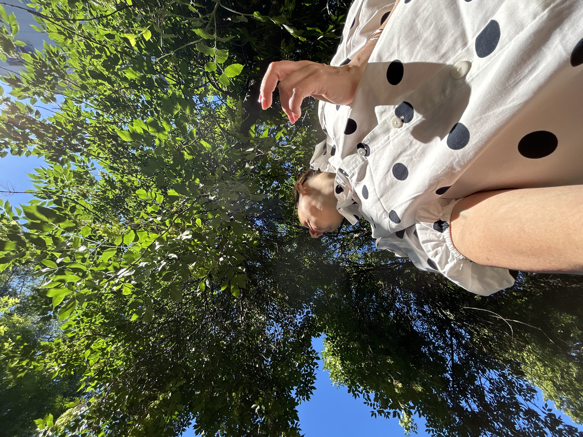 A low-angle shot captures a person lying down outdoors, looking up at a tree with lush green leaves against a bright blue sky. The person is wearing a white shirt with large black polka dots and has their right arm raised, with their fingers splayed. The scene appears to be in Chaikovsky, Russia, based on the provided context.