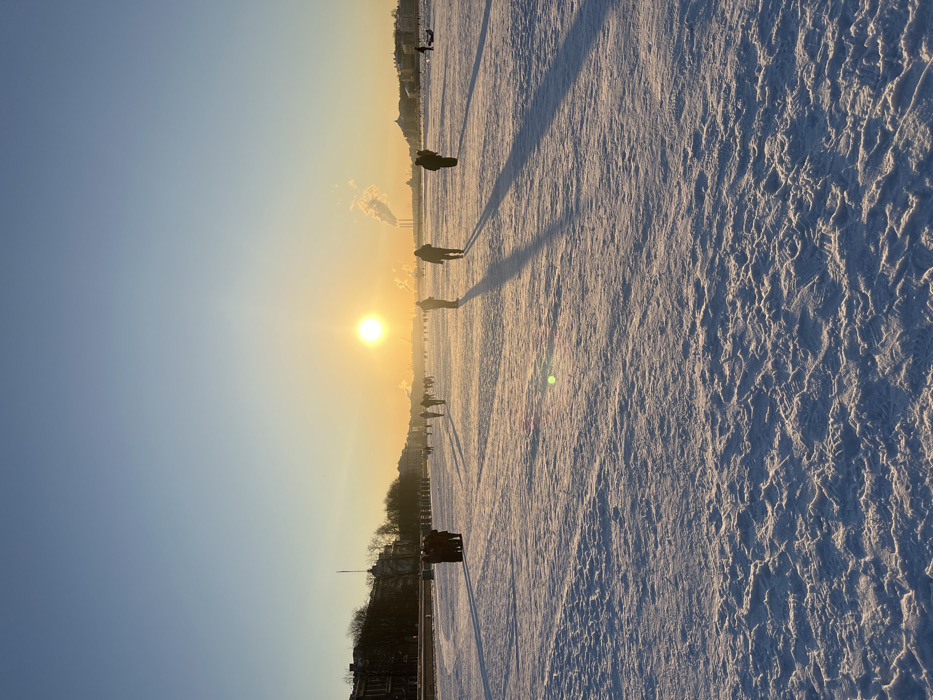 The image depicts a vast, snow-covered expanse, identified as the frozen Neva River in Saint Petersburg, Russia, observed during either sunrise or sunset. The sky is clear, displaying a gradient from light blue at the zenith to a vibrant golden-orange at the horizon, where a bright, low-hanging sun is prominent slightly to the right of the image center. Numerous individuals, approximately 20-30, are dispersed across the frozen river. Most are rendered in silhouette due to the backlighting, their forms suggesting winter attire. They are seen walking or standing, casting elongated, dark shadows across the snow-covered surface towards the viewer. A cluster of about five individuals is grouped on the mid-left. On the far right, a solitary figure appears to be engaged in ice fishing. The foreground shows textured snow with visible footprints. Along the left bank of the river, a continuous line of classical architectural buildings, typical of Saint Petersburg's embankments, is visible, interspersed with bare trees. A tall, slender vertical structure rises from this skyline. On the distant right bank, further buildings are discernable, along with several industrial chimneys actively emitting white smoke plumes into the cold air. The overall scene conveys a cold, clear winter day with strong directional light.