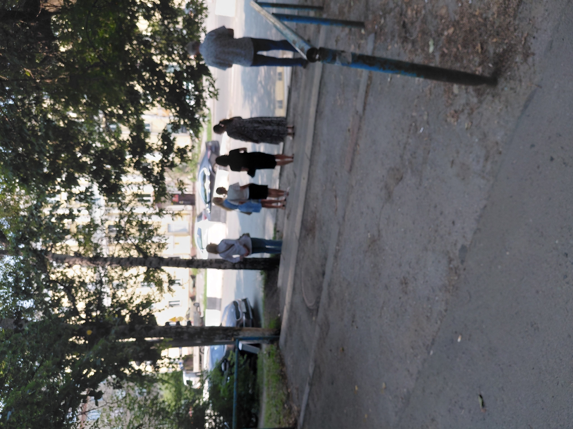 The image shows a group of people standing on a concrete stairway outside. There are trees with lush green foliage and a building in the background. Several cars are parked on the street in front of the building. A man in a patterned shirt and blue jeans stands on the right side of the frame, facing away from the camera. To his left, a woman in a patterned dress is standing. Next to her, a woman in a black dress is also standing, facing away from the camera. Further to the left, a woman in a grey shirt and black skirt is standing, and to her left, a woman in a light blue dress is standing. The overall scene appears to be a residential area in Novosibirsk, Russia.