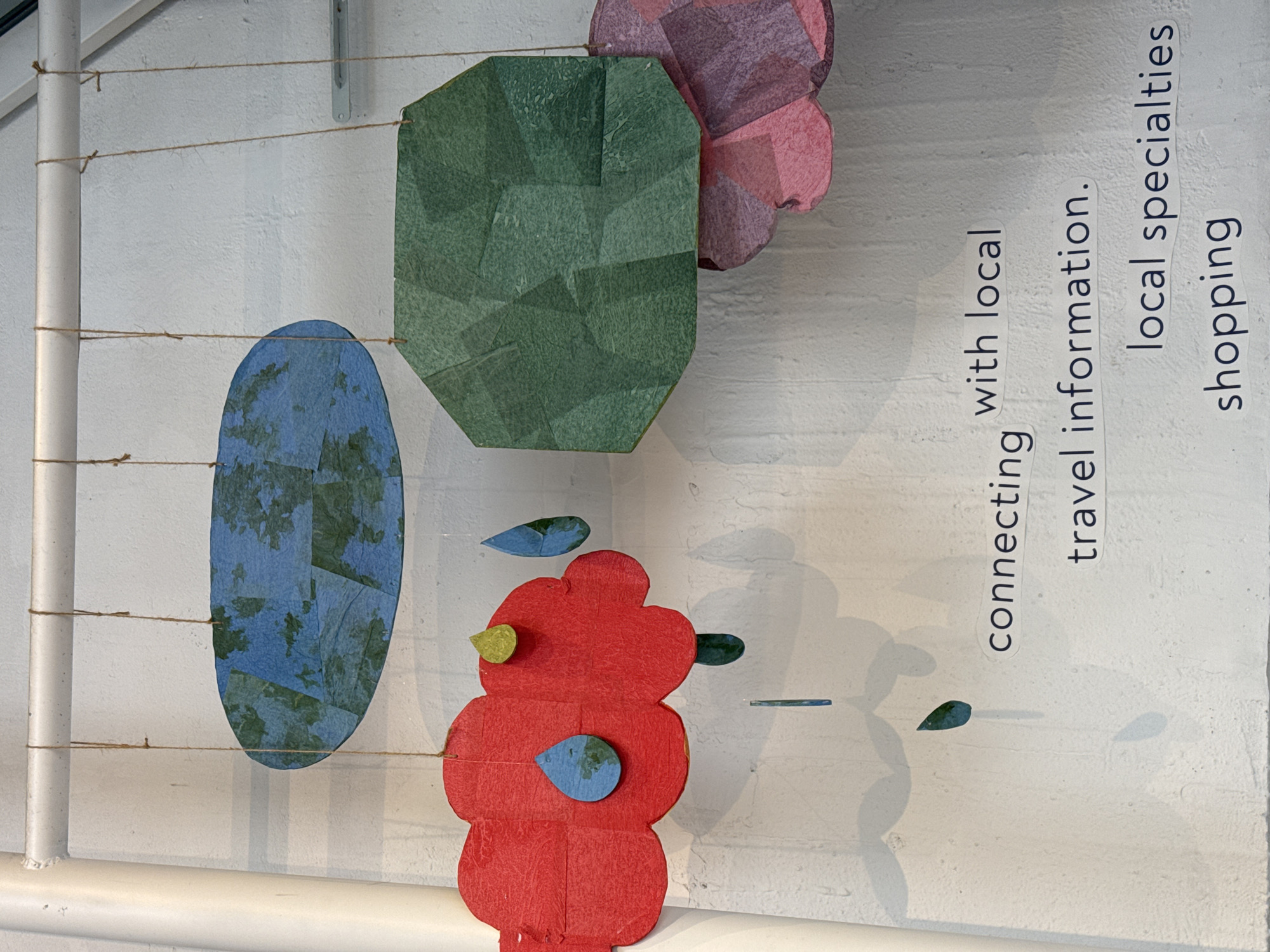 The image shows a decorative mobile hanging from a white metal pipe against a textured white wall. The mobile consists of colorful, geometric shapes resembling clouds and raindrops, made of paper or a similar material. A large red cloud is on the left with blue and green raindrops. To its right is a large, green, octagonal shape, and further right is a pink and purple cloud. Above the red cloud, an oval-shaped blue object with green markings hangs. Text is visible on the wall below the mobile, consisting of individual words or short phrases cut out and pasted onto the surface. The text reads: "connecting with local travel information. local specialties shopping". The overall scene is simple and decorative, suggesting it might be an artistic installation or signage in a public space. There are no people or animals visible in the image, and the environment appears to be indoors.