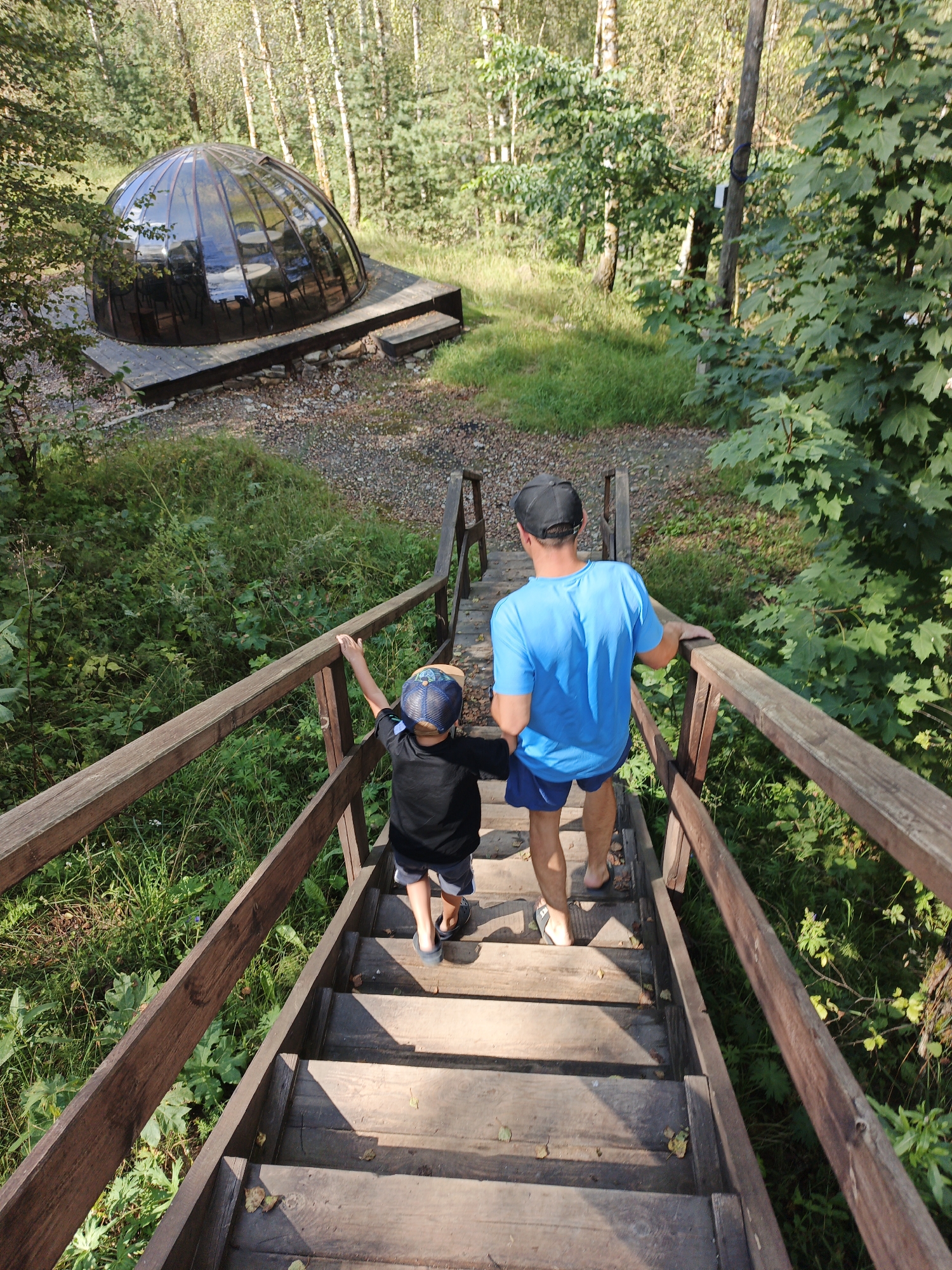 In Porogi, Russia, a man and a child descend a wooden staircase. The man, wearing a blue t-shirt and blue shorts, walks ahead, with his left hand resting on the wooden railing. He has a black baseball cap on his head. The child, in a black t-shirt and grey shorts, follows slightly behind, with his right hand on the railing and his left arm extended forward. He wears a blue and tan baseball cap. They are on a wooden staircase surrounded by lush green foliage and trees. In the background, a geodesic dome structure is visible on a wooden platform. The scene appears to be in a natural, wooded environment.