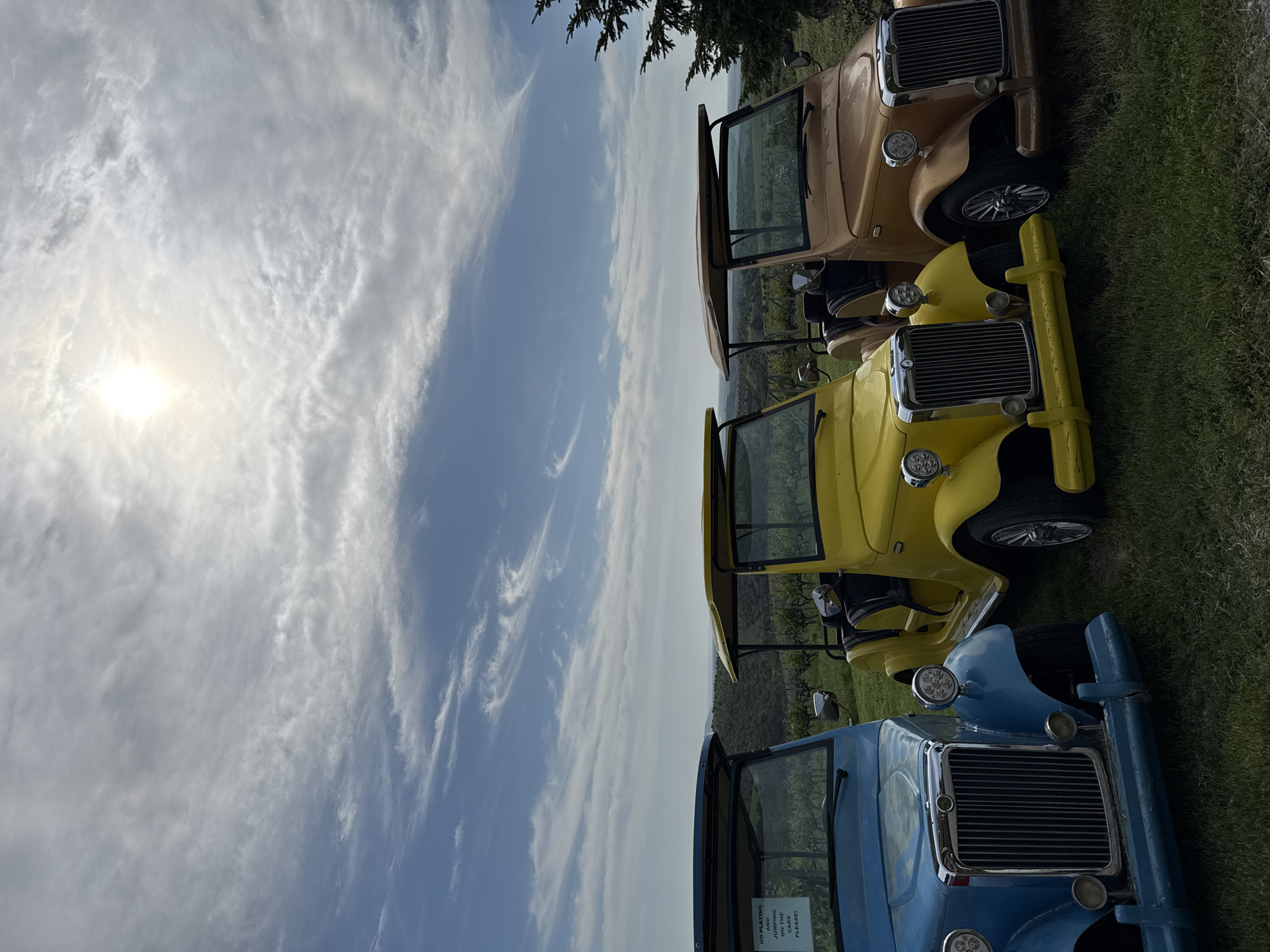 The image depicts three vintage-style open-air vehicles parked in a row on a grassy area. The vehicles are painted in different colors: brown, yellow, and blue (from top to bottom). They appear to be lined up next to a vineyard. The sky occupies a significant portion of the image, showing a bright sun and partly cloudy sky. A tree is visible in the top right corner of the image. A sign can be partially seen in the blue car. The location is presumed to be Mechka, Bulgaria.