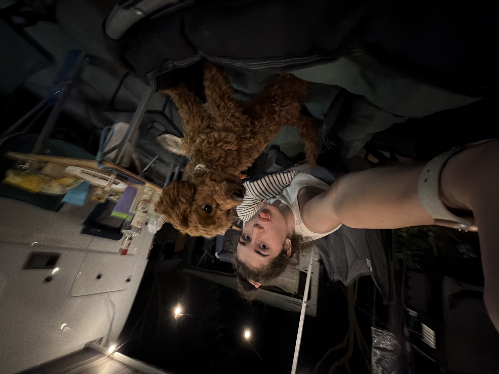 A young woman and a small, brown poodle-type dog are inside a dimly lit campervan. The woman is taking a selfie, sticking her tongue out playfully, with the dog positioned behind her, looking at the camera. The campervan's interior is visible, with various items scattered around, including bottles on a shelf. The scene suggests an informal and relaxed setting, possibly during a camping trip. The image does not provide any information that would indicate a specific location within Πόρτες, Greece.