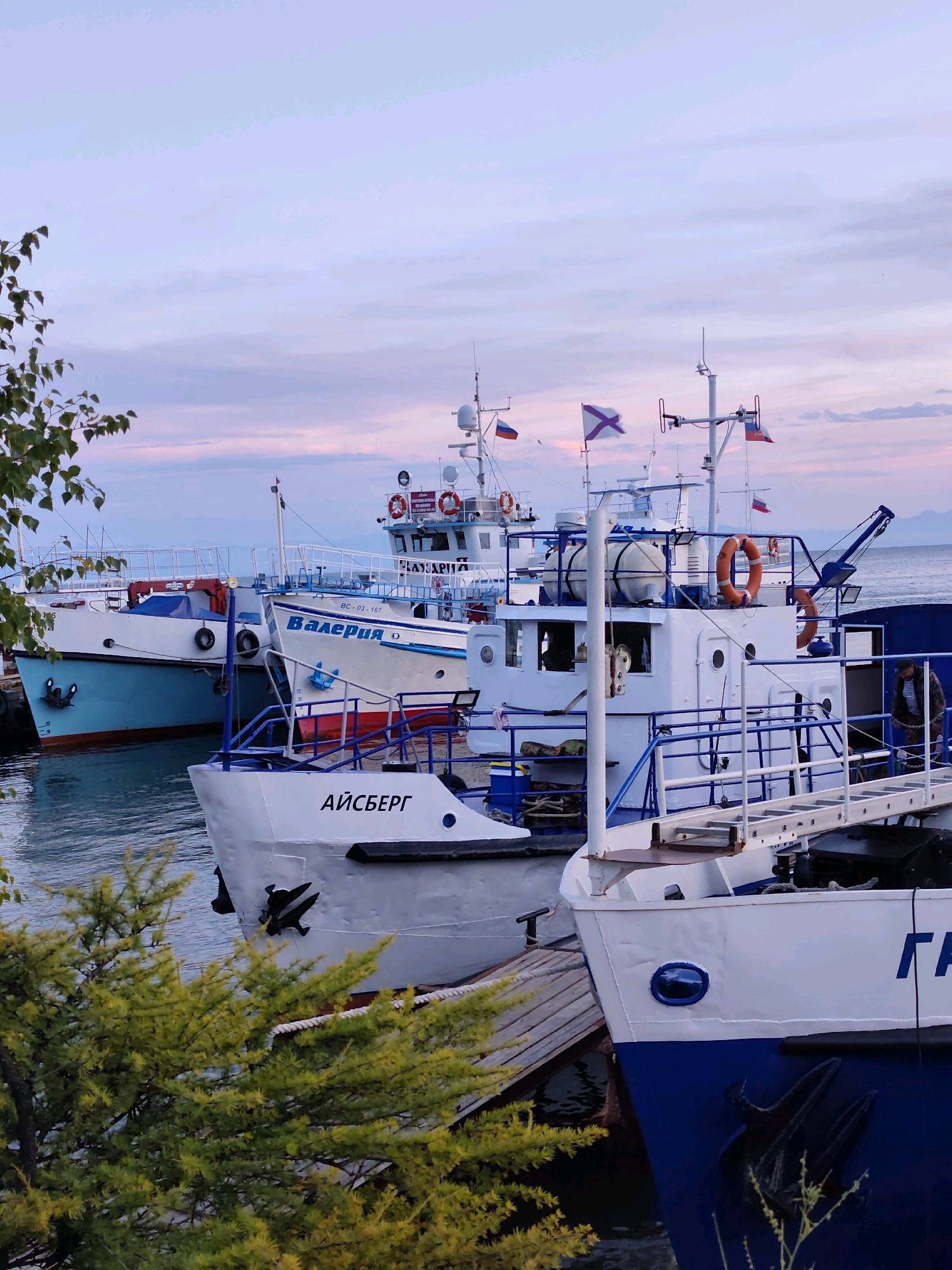 The image depicts a harbor scene in Listvyanka, Russia, with several boats docked. The sky is a soft gradient of purple and pink, suggesting either dawn or dusk. In the foreground, a large white boat with blue trim is prominently featured, its name, "АЙСБЕРГ" (Iceberg), visible in black lettering on its bow. A gangway connects this boat to a wooden pier. To the left, a light blue and white boat is also docked, with its name, "ВАЛЕРИЯ" (Valeriya), visible. Further in the background, another boat with a blue hull and white superstructure is partially visible. Several flags, including Russian flags, are flying from the masts of the boats. Life rings are visible on the superstructure of one of the boats. The water is calm, reflecting the sky and the boats. Green foliage from trees frames the left side of the image. The overall impression is a serene, quiet moment in a working harbor.