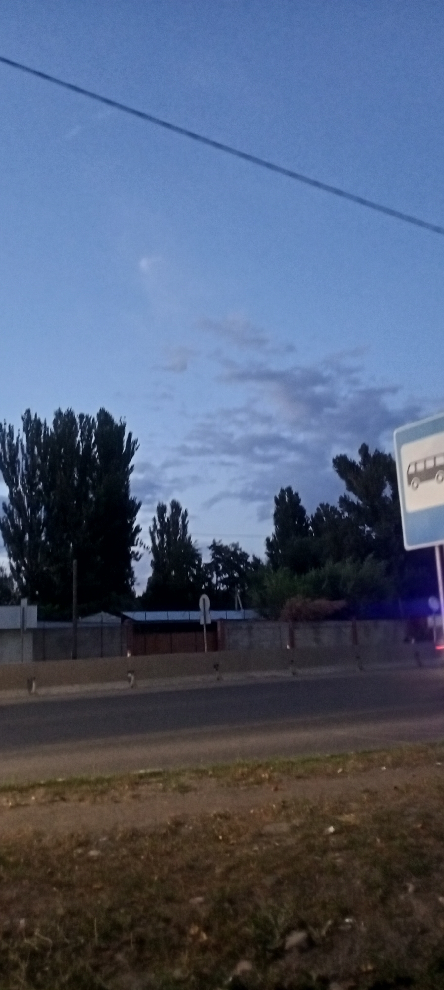 This is a vertical, medium-shot, full-color photograph taken during dusk or dawn. The scene depicts a roadside with a street, a sidewalk, a fence, trees, and a bus stop sign. The sky is a deep blue with some light clouds. A thin, dark power line stretches diagonally across the upper portion of the frame.

In the foreground, a paved road runs horizontally across the bottom half of the image. To the left of the road, there is a strip of dry grass and dirt.

Beyond the road and grass, a low concrete fence runs parallel to the road. Behind the fence, there are several tall, dark green trees with thin trunks and dense foliage. Some buildings with tiled roofs are visible behind the trees and fence. A few streetlights or poles are also present.

On the right side of the image, a blue and white bus stop sign with a white silhouette of a bus is visible.

The overall impression is of a quiet, suburban or semi-rural area in Romanovka, Kyrgyzstan, at the transition between day and night. There are no people or vehicles clearly visible in the frame.