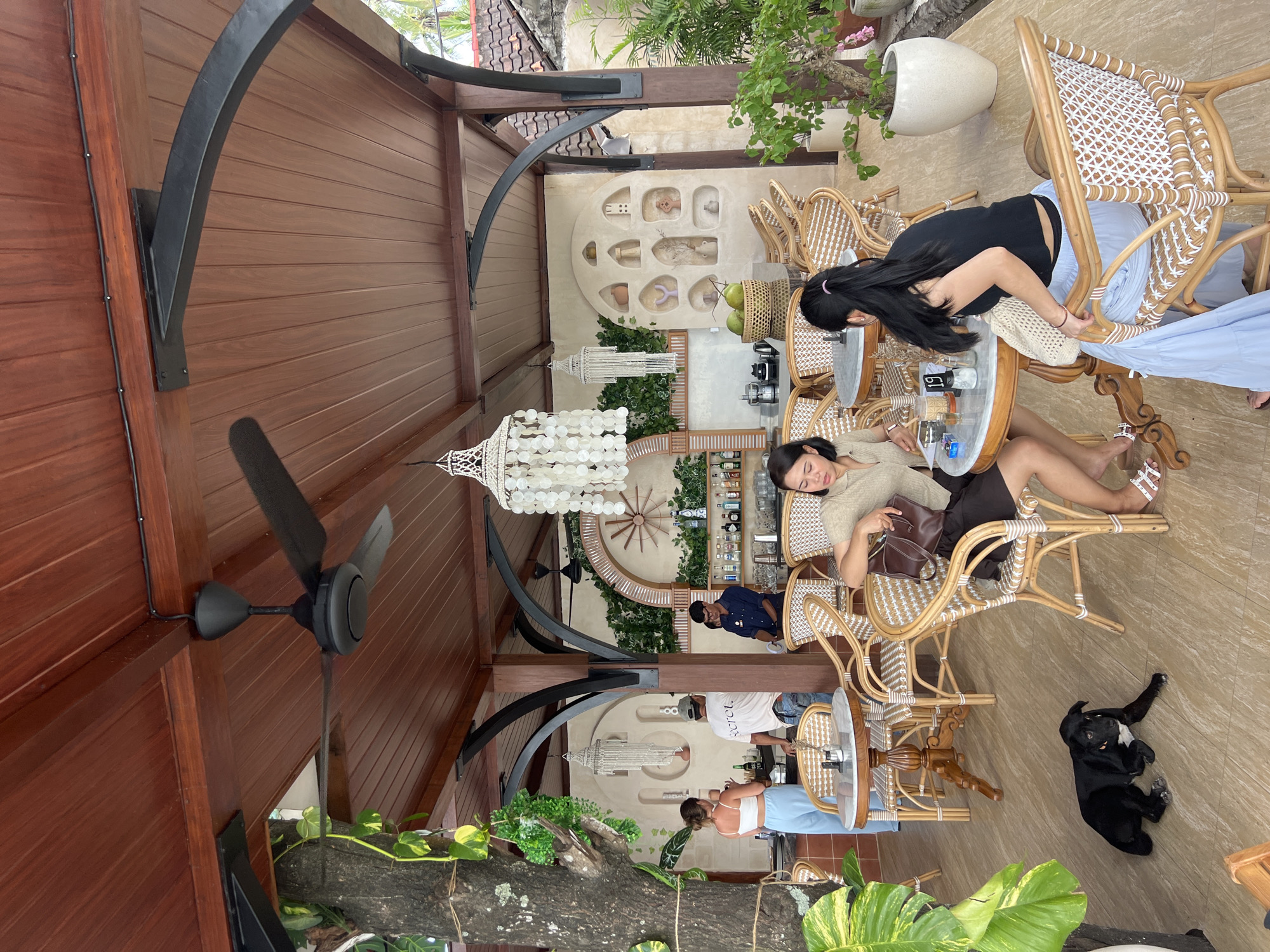 The image captures an indoor-outdoor cafe or restaurant setting, likely in a tropical location like Nusa Penida, Indonesia, given the context. The scene is illuminated by natural daylight, suggesting it is daytime.
The main subjects are several people, mostly women, relaxing at tables. In the foreground, a woman with dark, short hair and a light brown top is seated at a round table with a glass top, holding a brown purse. Her eyes are closed, indicating she might be resting or looking down. Across from her, partially visible, is another woman in a black top and light blue skirt, also seated at a similar table. Further in the background, another woman is seated at a table to the left, wearing a white top and light blue pants. To the far right, a black dog with some white markings is lying on the tiled floor, looking towards the camera with its tongue slightly out.
The establishment features a distinctive wooden ceiling and walls, characterized by horizontal paneling and dark, curved metal architectural supports. A black ceiling fan with three blades is mounted on the wooden ceiling. Several large, decorative chandeliers made of white shell-like discs hang from the ceiling. The furniture consists predominantly of woven rattan chairs with light-colored cushions and round wooden tables with glass tops.
The background wall behind the tables features a unique, sculpted, light-colored design with various recessed niches holding small decorative objects. A bar area is visible behind the tables, with bottles on shelves and a male staff member in a blue shirt standing near it. Lush green plants, including pothos with variegated leaves, are integrated into the decor, climbing on structures and hanging from pots. The floor is made of light-colored tiles.
On one of the tables, a condiment holder with the number "19" is visible, along with other small items like glasses and bottles. The overall atmosphere appears relaxed and comfortable.