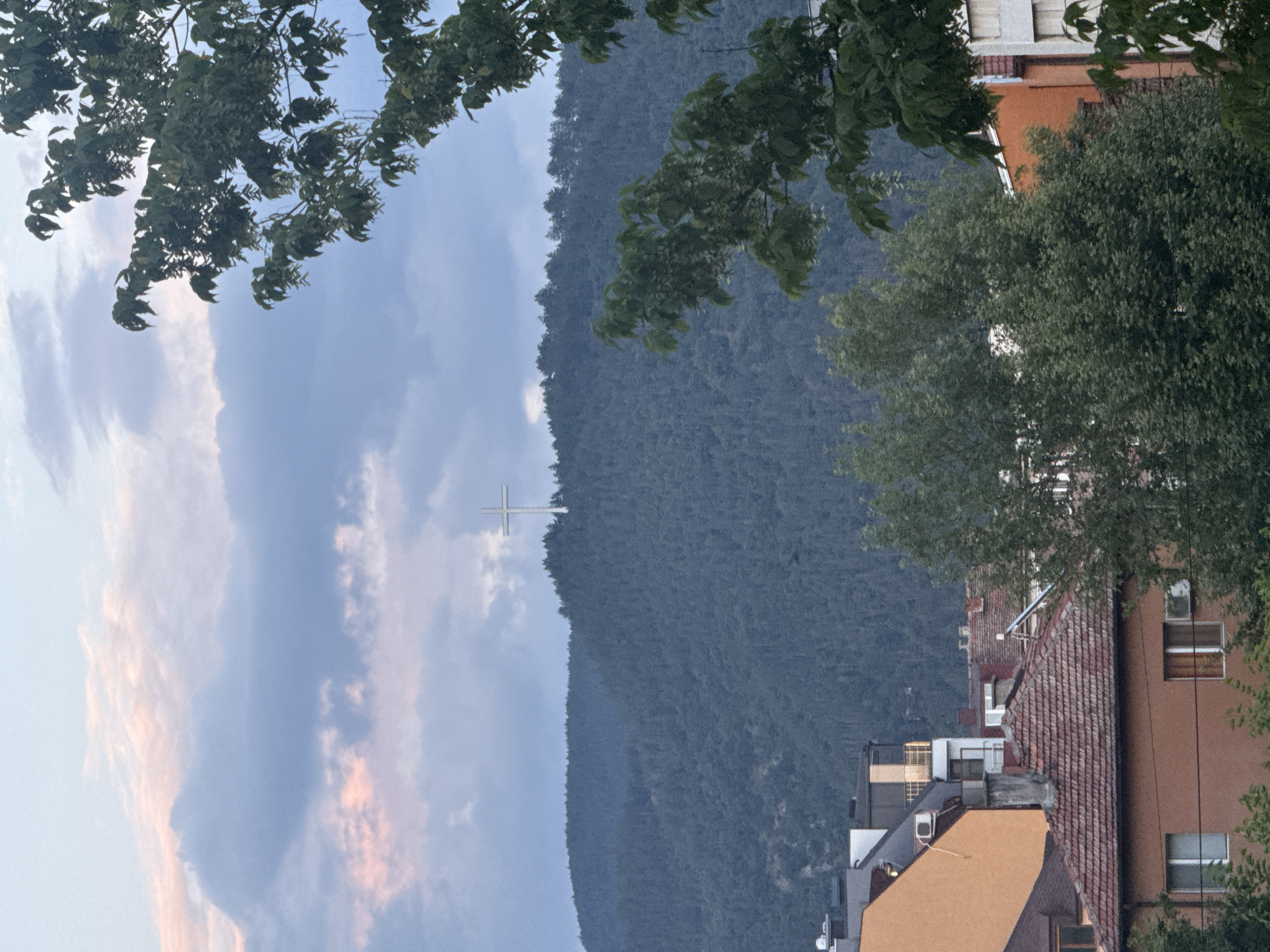 The photograph, oriented vertically, captures a panoramic view of a large white cross situated prominently on a densely forested mountain, likely at sunset or early evening given the soft pink and orange hues visible in the partly cloudy sky. The mountain, covered in dark green trees, forms the central and upper-midground of the scene, its contours fading into the atmospheric distance.
In the foreground, the rooftops and upper stories of several urban or residential buildings are visible, particularly towards the bottom and right side of the image. These structures exhibit varied architecture, including buildings with traditional terracotta-tiled roofs and others with flat, lighter-colored roofs. Interspersed around the buildings and framing the upper part of the shot are dark green tree branches and foliage, adding depth and a natural element to the urban-mountain interface.
The sky above the mountain transitions from a brighter, lighter blue closer to the horizon to more dramatic, voluminous clouds higher up, reflecting the warm glow of the setting sun. No human figures or discernible activities are visible, rendering the scene tranquil and static. There is no visible text in the image. This view is characteristic of Blagoevgrad, Bulgaria, looking towards a significant landmark cross on a nearby mountain.