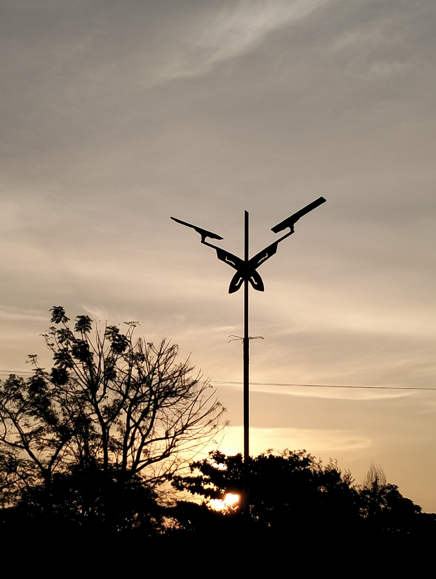 The image presents an outdoor scene at either sunrise or sunset, characterized by prominent silhouettes against a gradient sky. A unique street light stands centrally, its upper structure featuring stylized, wing-like designs resembling a butterfly or abstract bird, cast entirely in black. To its left, a large tree, mostly bare-branched but with some leafy sections, is also silhouetted. Denser tree lines and bushes form a dark, undulating foreground across the bottom of the image. The sun, a bright golden disc, is partially visible peeking through the foliage on the lower left, illuminating the lower sky with warm, golden-orange hues. This radiant light transitions upwards into softer grays and off-whites, with wispy clouds scattered across the sky. The overall impression is one of tranquility and natural beauty, highlighting the dramatic contrast between the dark foreground elements and the luminous background. There are no visible people, activities, or text. The scene's tropical feel is consistent with the provided context of Lhokseumawe, Indonesia.