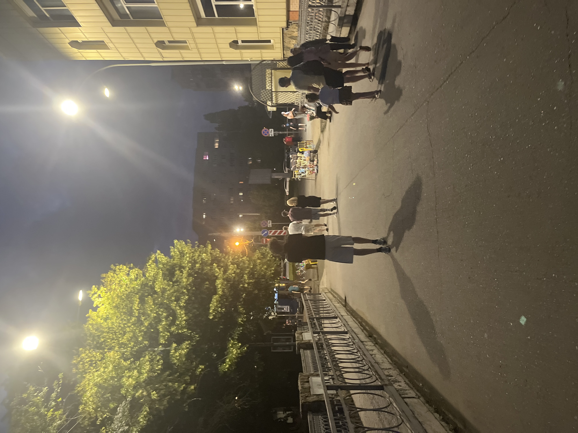 This image depicts a nighttime scene on a city street, possibly in Krasnodar, Russia. A group of people are walking along a paved walkway bordered by a decorative metal fence on the left. A large tree with illuminated foliage stands to the left of the walkway. Streetlights illuminate the scene, casting long shadows. In the background, buildings and more trees are visible. Several individuals, including adults and at least one child, are walking in different directions on the walkway. Some appear to be strolling, while others are engaged in conversation or looking around. A street vendor's stall with various items is set up further down the walkway. The overall atmosphere suggests a public space being utilized by people in the evening.