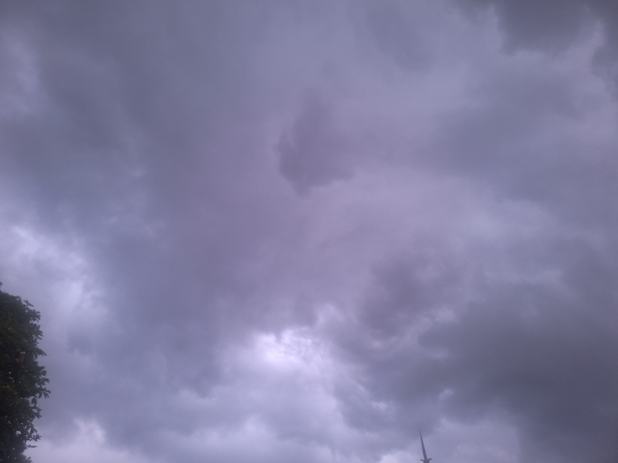 This is a photograph of a cloudy sky, likely taken during the day. The clouds are dense and dark, suggesting overcast or stormy weather. A portion of a green tree with leaves is visible on the left side of the frame, indicating an outdoor setting. In the lower right corner, a pointed object, possibly the top of a building or a spire, is partially visible against the dark clouds. The overall mood of the image is somber and potentially foreboding due to the heavy cloud cover. There is no visible text in the image. The location context provided is Mishutkino, Russia.