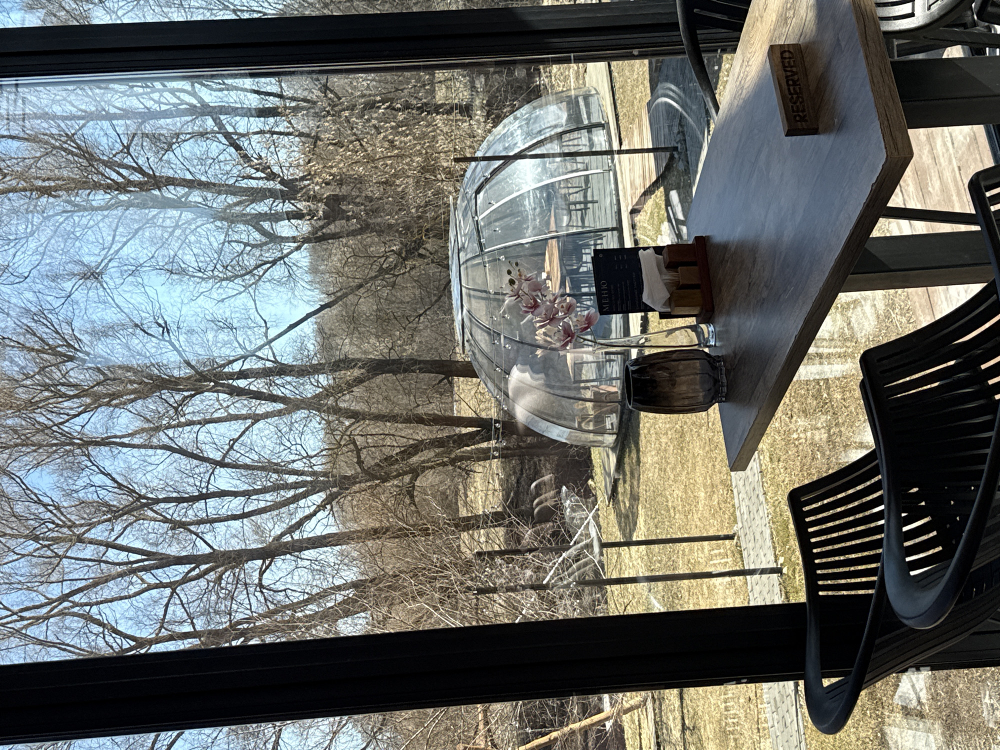 The image presents a view from inside a building, likely a restaurant or cafe, looking out through a large window.
In the foreground on the right, a light-colored wooden table is visible with black chairs pulled up to it. On the table, there is a small wooden block engraved with the word "RESERVED." A clear glass vase holds pink and white artificial orchids, and a wooden holder contains napkins and possibly condiments. The dark frames of the window are visible at the top and bottom.
Beyond the window, the outdoor scene features numerous bare trees with intricate branches set against a bright, clear blue sky. The ground is covered with dry, light brown grass, suggesting late winter or early spring conditions. A prominent feature in the mid-ground is a transparent, dome-shaped structure, resembling an outdoor dining 'igloo' or 'pod,' with chairs and a table visible inside it. A menu, with the word "МЕНЮ" (Menu) clearly legible in Cyrillic, is also visible inside this dome. Light-colored paving or decking is present beneath and around the dome.
The scene depicts a peaceful dining environment during bright daylight, likely midday or early afternoon, with clear weather. No people are visible. The setting suggests a restaurant or cafe in Kazan, Russia, offering both indoor seating and unique outdoor dining experiences within the transparent pods.