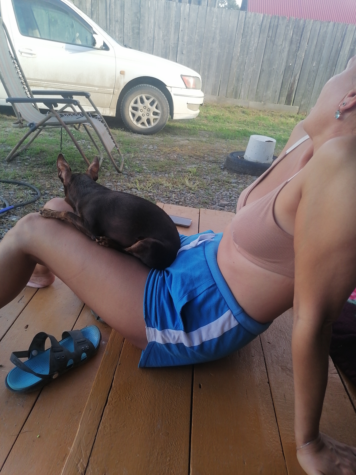 A small, dark-colored dog rests on the lap of a person sitting on a wooden deck. The person is wearing a light-colored bra and blue shorts. A black sandal with blue accents is on the deck next to the person's legs. In the background, a white car is parked, and a wooden fence runs along the property line. The scene appears to be a residential outdoor area in Novopokrovka, Russia.
