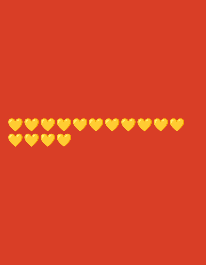 The media file is a graphic design with a red background. Across the bottom of the image, there are two rows of yellow heart shapes. The top row contains thirteen heart shapes, and the bottom row contains five heart shapes, partially overlapping the row above. The hearts are evenly spaced and appear to be a simplified, flat design with a subtle gradient for a slight 3D effect. There are no people, activities, or text visible in the image. The overall impression is simple and decorative, possibly representing a health bar or a collection of points in a video game context, or simply a pattern for aesthetic purposes.