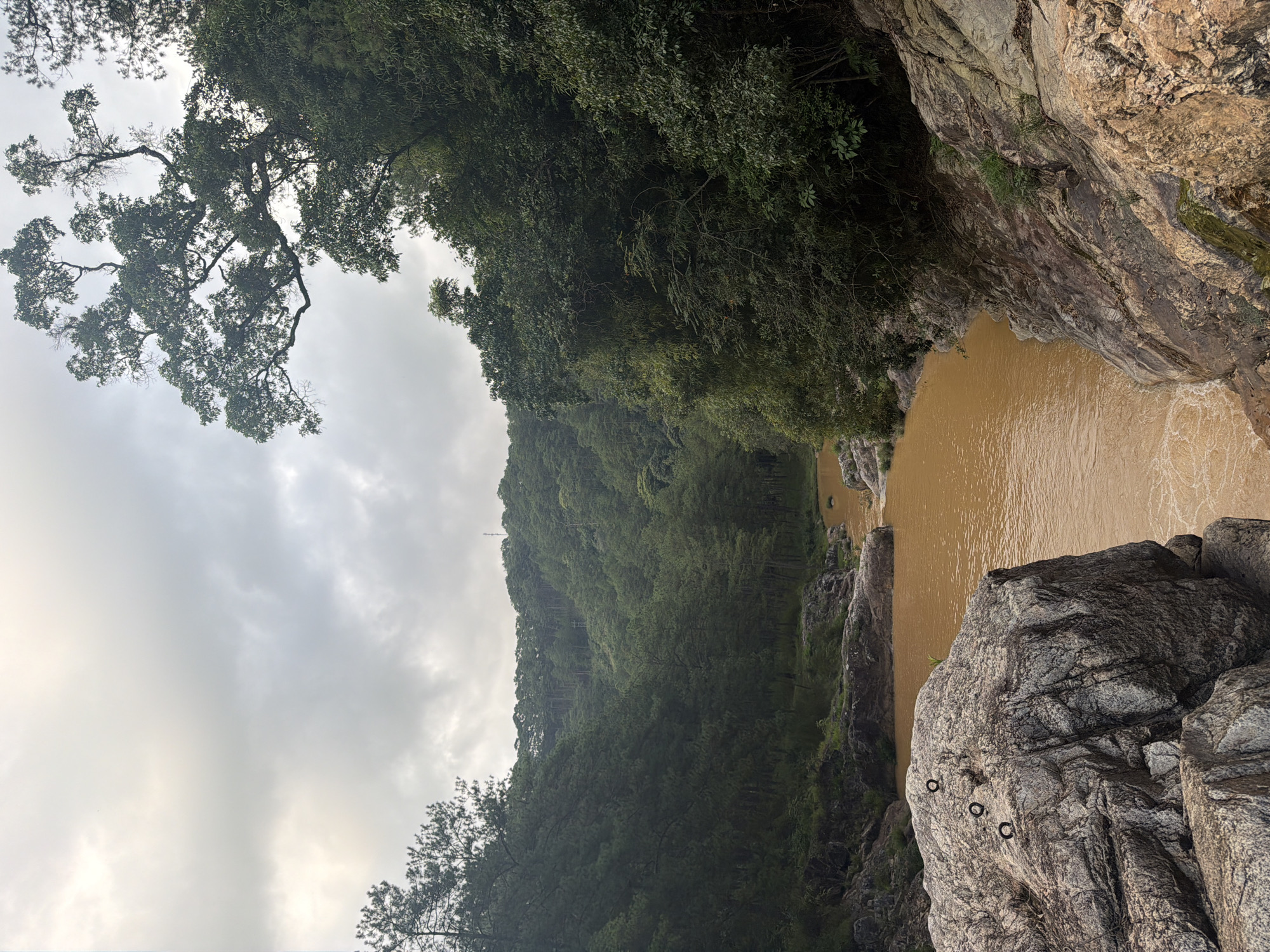 This is a vertical, medium-angle, outdoor, daytime, scenic photograph of a jungle river. The river water is a muddy, brownish-orange color and flows through a rocky gorge. The left side of the foreground is dominated by a large, grey, textured boulder with three small, dark, ring-like objects embedded in its surface. Beyond the boulder, the river curves to the right, bordered by more rocks and lush green trees. The right side of the image features a steep, rocky embankment covered in dense green foliage and trees. The middle ground shows the river continuing its flow, narrowing as it moves further into the distance. The background consists of a heavily forested, rolling hillside covered in pine trees, leading up to a hazy, overcast sky. There are no people or animals visible in the image. The scene depicts a natural environment likely located in or near Păng Tiêng 1, Vietnam, characterized by its rugged terrain and dense vegetation.