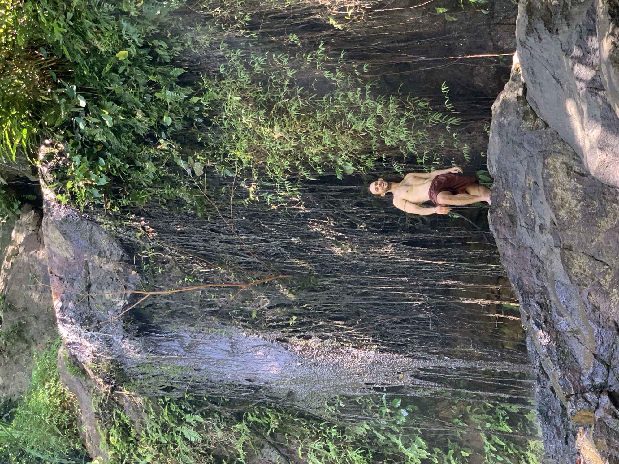 A shirtless man with a beard stands on a large rock in front of a waterfall. He is wearing a maroon cloth around his waist. The waterfall is made up of water cascading down a rocky cliff face covered in moss and vines. Lush green foliage surrounds the waterfall. The man is looking up and smiling. The scene appears to be in a natural, outdoor environment.