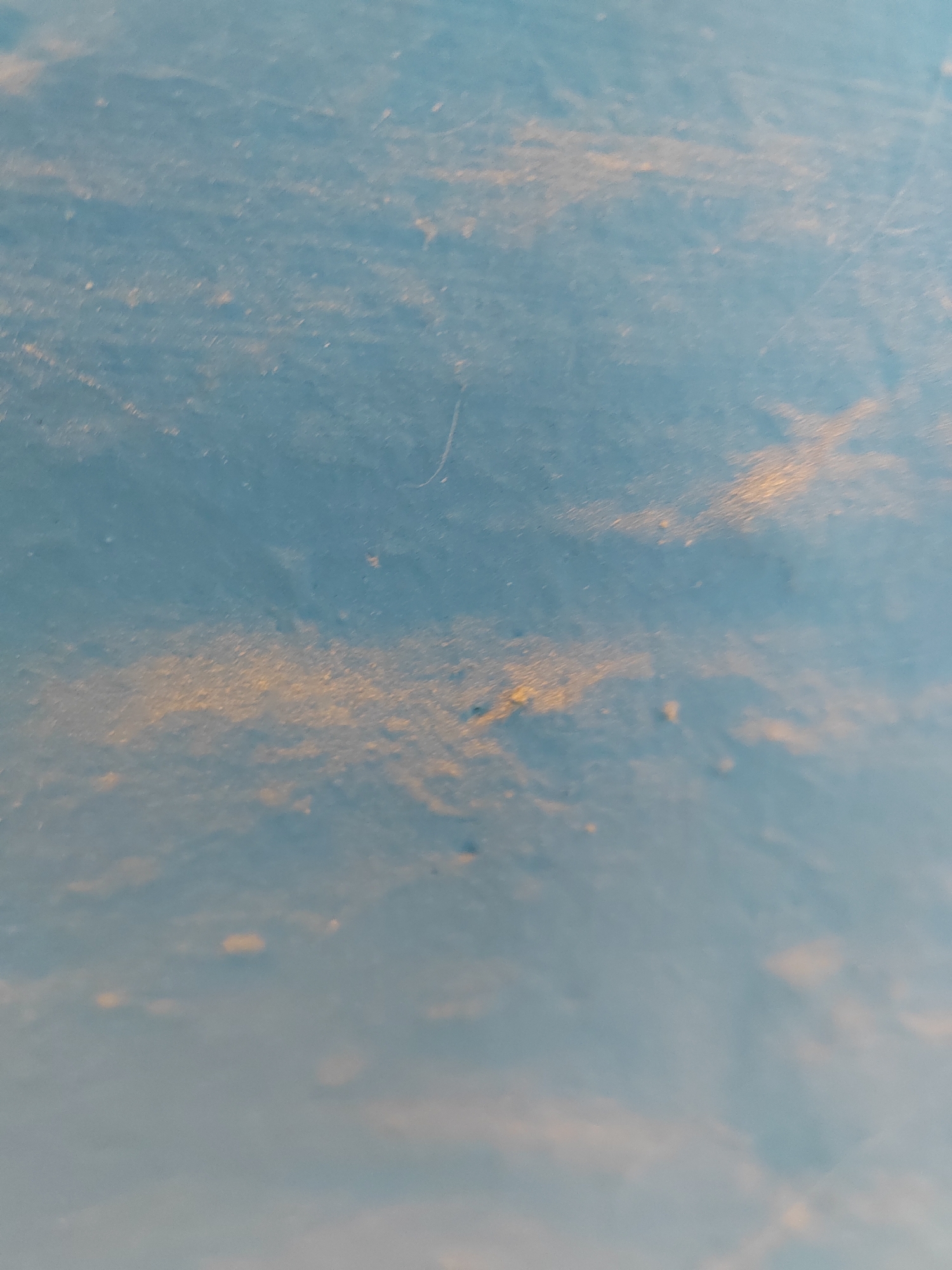 This is a macro photograph of a dusty, light blue surface. The surface appears textured, with lighter colored specks and streaks of golden-brown material, possibly sand or dirt, distributed unevenly. A single, thin strand of hair is visible in the upper central area. The lighting suggests a bright, possibly outdoor environment, casting subtle shadows and highlighting the texture of the surface. The image does not contain any identifiable features of Saint Petersburg, Russia, or any people, subjects, objects, or actions that could be used to infer a specific location or context.