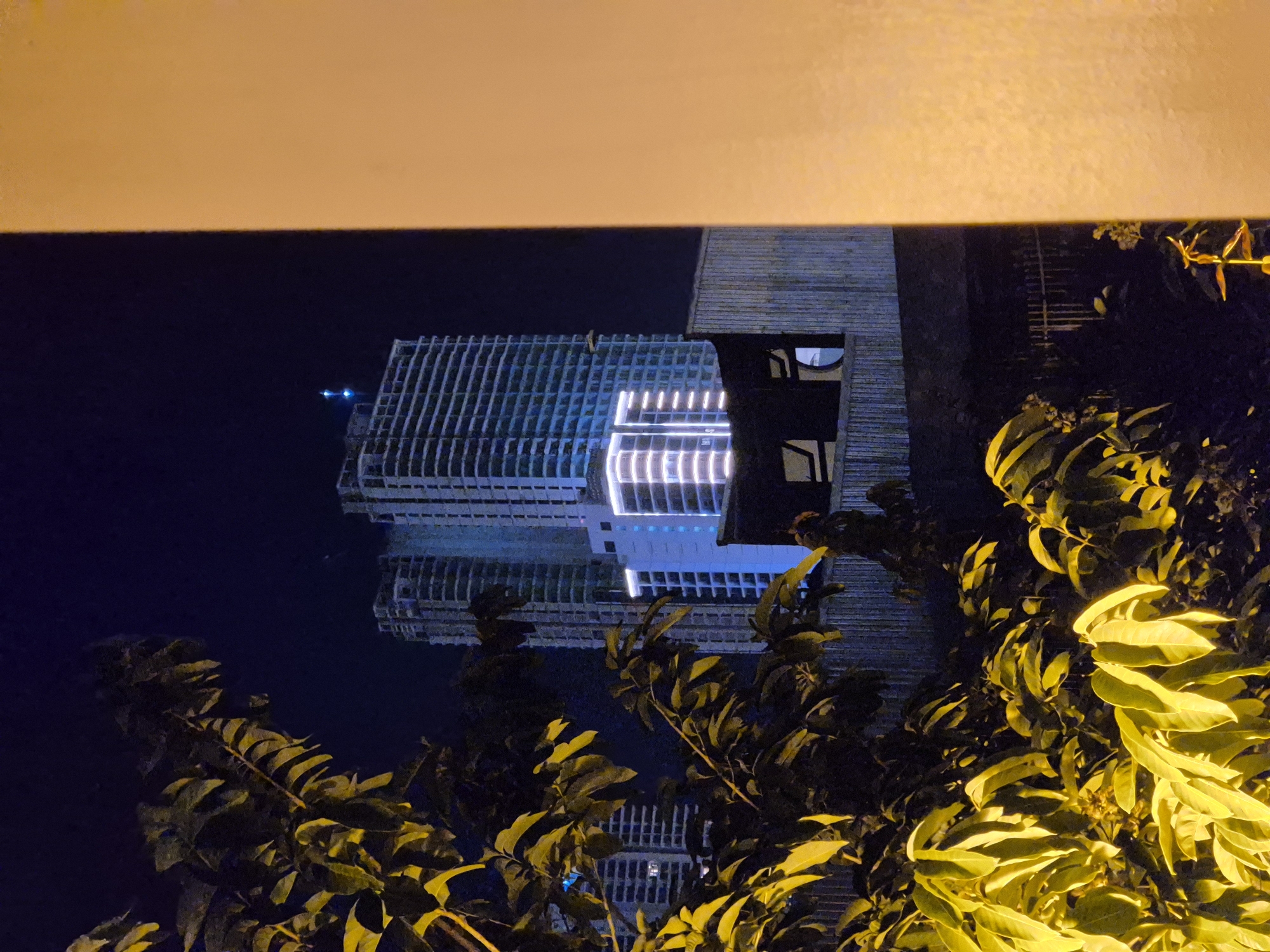 This is a photograph taken at night, likely in Đà Nẵng, Vietnam. The scene is dominated by a modern, illuminated building with a distinctive grid-like facade. The building's reflection is clearly visible in what appears to be a body of water, creating a symmetrical effect. Artificial lighting, likely from the building itself, casts a bright, cool-toned glow.
In the foreground, lush green foliage is illuminated by a warm, yellow light. The leaves are vibrant and detailed, suggesting they are catching light from a nearby source, possibly a streetlamp or architectural lighting. The contrast between the dark night sky, the illuminated building, and the brightly lit foliage creates a dramatic and visually striking composition.
The perspective of the shot is from a low angle, looking upwards and slightly through the leaves towards the building. The top of the frame is partially obscured by an overhead structure, possibly a balcony or a ceiling, which is rendered in a warm, yellowish hue. This structure creates a framing effect for the main subject.
There is no visible text in the image. The overall mood is serene and modern, with the illuminated architecture juxtaposed against the natural elements of the foliage. The time of day is definitively night, indicated by the dark sky and the reliance on artificial lighting for illumination. The specific location cues are minimal, but the presence of the modern building and the tropical-looking foliage are consistent with a city like Đà Nẵng.