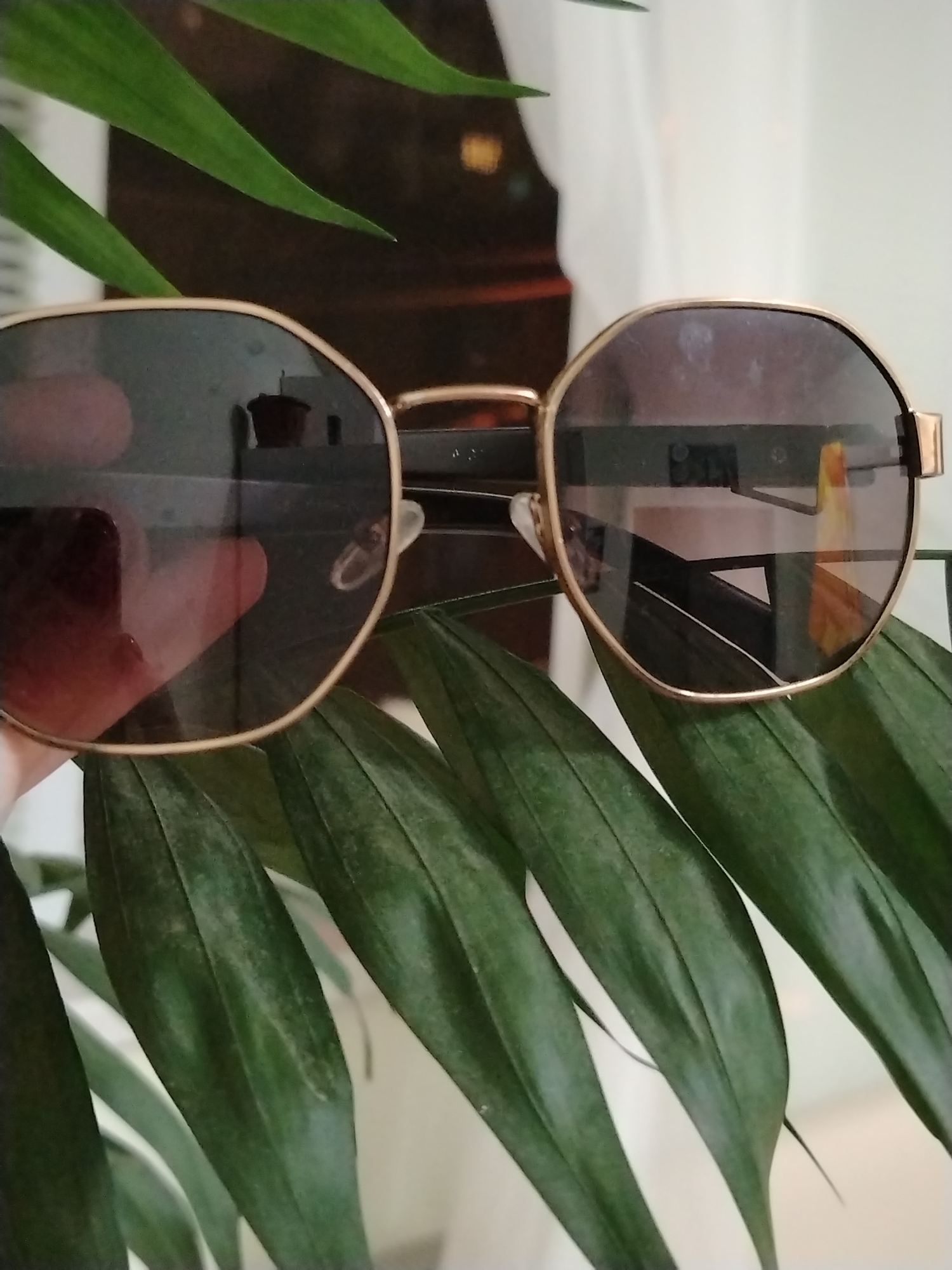 A pair of gold-rimmed sunglasses is held in front of a blurry background of green leaves and an indoor setting. The sunglasses have dark, reflective lenses and are positioned at an angle, with the left lens partially obscured by a person's finger, which is also reflecting in the lens. The right lens shows reflections of what appears to be indoor furniture and possibly a window with white curtains. The overall lighting suggests an indoor environment, possibly a home or an office. There is no identifiable information or context to place this image in Krasnodar, Russia, or any specific city.