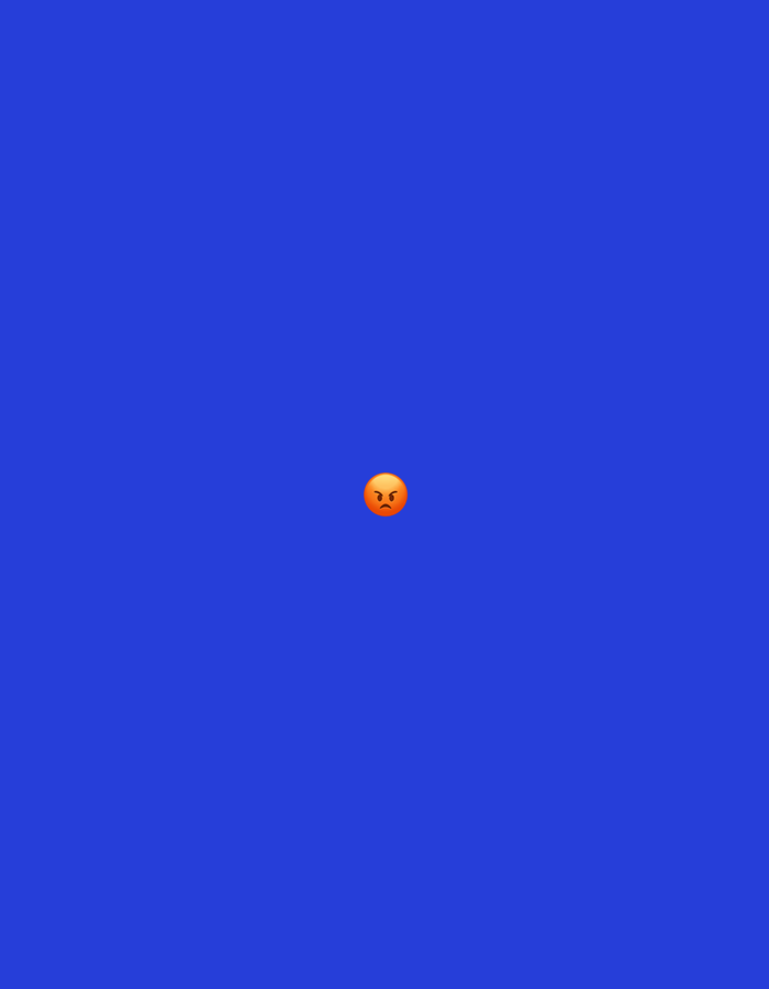 The image is a digital graphic featuring a single, stylized orange emoji centered on a solid royal blue background. The emoji depicts a "pouting face" or "angry face," characterized by an orange circular form, furrowed brows, and an inverted V-shaped mouth. No other subjects, objects, people, actions, or interactions are present. The environment consists solely of the uniform blue color. As the image does not depict a real-world scene, it has no geographical location in the city of Santa Ana, Venezuela, or any other physical place.
