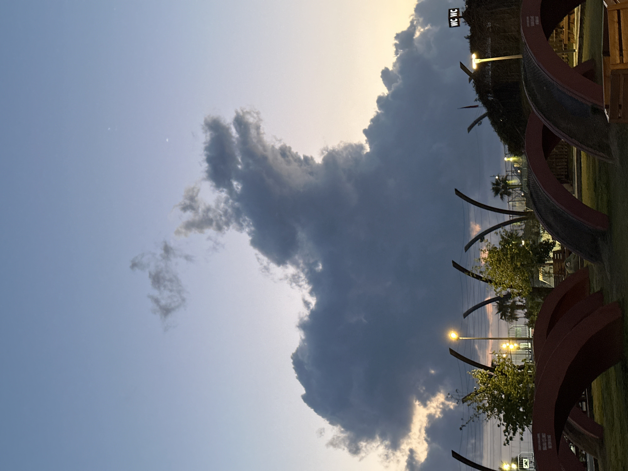 The image depicts an outdoor scene at dusk or early evening in the Fethiye Coastal Park (Sahil Parkı) or its adjacent promenade in Fethiye, Turkey. The sky transitions from a light blue overhead to a warm golden-orange near the horizon, characteristic of twilight. A large, dark, irregularly shaped cloud mass dominates the mid-sky, silhouetted against the brighter horizon. A faint celestial body is visible in the clear upper right sky.
In the foreground, a landscaped area of green grass features multiple large, dark red, semi-circular arch structures, likely constructed from metal or painted concrete, serving as park furniture or decorative elements. Several tall, dark, curved architectural or sculptural elements are also present, extending upwards from the ground.
Throughout the midground and background, multiple streetlights or park lights are illuminated, casting a warm yellow glow. Green trees and shrubbery are scattered across the scene. In the background, an illuminated sign clearly displays "WC WC," indicating the presence of public restrooms within a nearby building or structure. No individuals are visible in the scene.