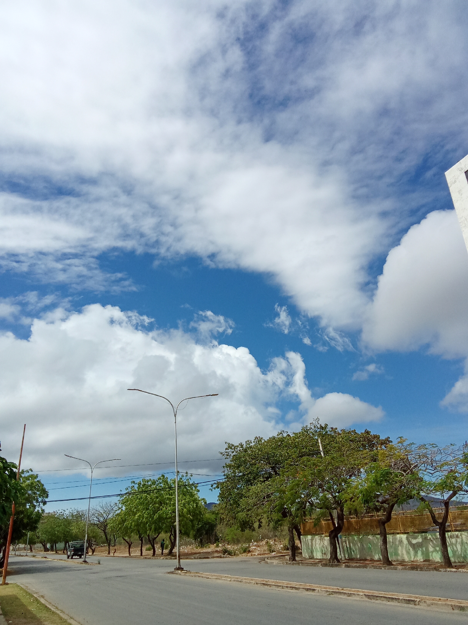 The image depicts a street scene in Juan Griego, Venezuela. The sky is predominantly blue with scattered cumulus clouds. The road is asphalt and appears to be two lanes wide. Along the roadside, there are trees with green foliage, utility poles, and a low wall bordering a slightly elevated area. There are no people prominently visible in the foreground. A building corner is on the right side in the background of the image.