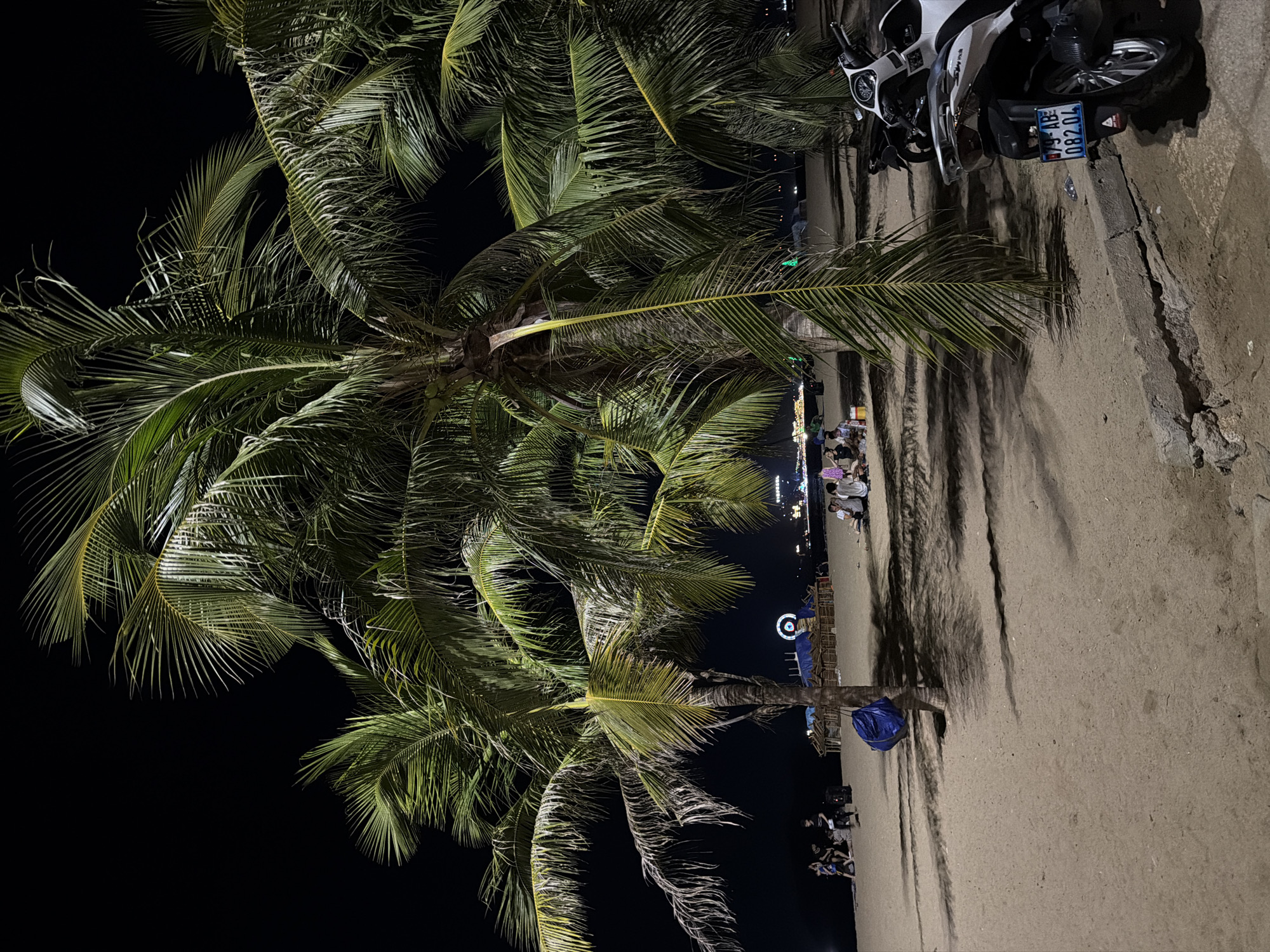 At night on a sandy beach in Nha Trang, Vietnam, several palm trees dominate the foreground with their fronds illuminated by artificial light against a black sky. In the middle ground, groups of people are scattered across the sand. Some are gathered together, while others are more spread out. A small, makeshift structure with a thatched roof and some covered areas is visible behind one of the palm trees. In the distance, a Ferris wheel and other illuminated structures suggest an amusement area or a town along the coast. Closer to the foreground, on the right side of the image, a white scooter is parked on the sandy ground, partially obscuring a concrete curb. The sand shows shadows cast by the palm trees.