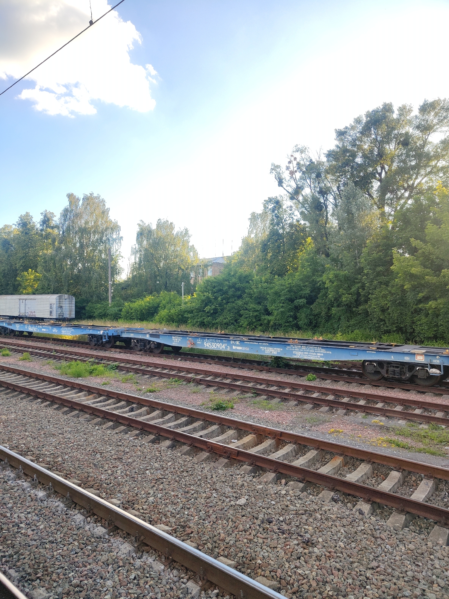 A freight train sits on a set of railway tracks. The train is composed of blue flatbed cars, one of which carries a white container. The train cars have Cyrillic lettering on them. The tracks are surrounded by gravel and ballast. In the background, a line of trees with lush green foliage forms a backdrop. Beyond the trees, a building with windows is visible. The sky is blue with scattered white clouds, and the sun is shining brightly, casting long shadows. The image appears to be taken in an outdoor setting, possibly in a suburban or industrial area. The scene is static, with no people or animals visible. The overall atmosphere is one of a typical day at a train yard. This image was taken in the city of Kyiv, Ukraine.