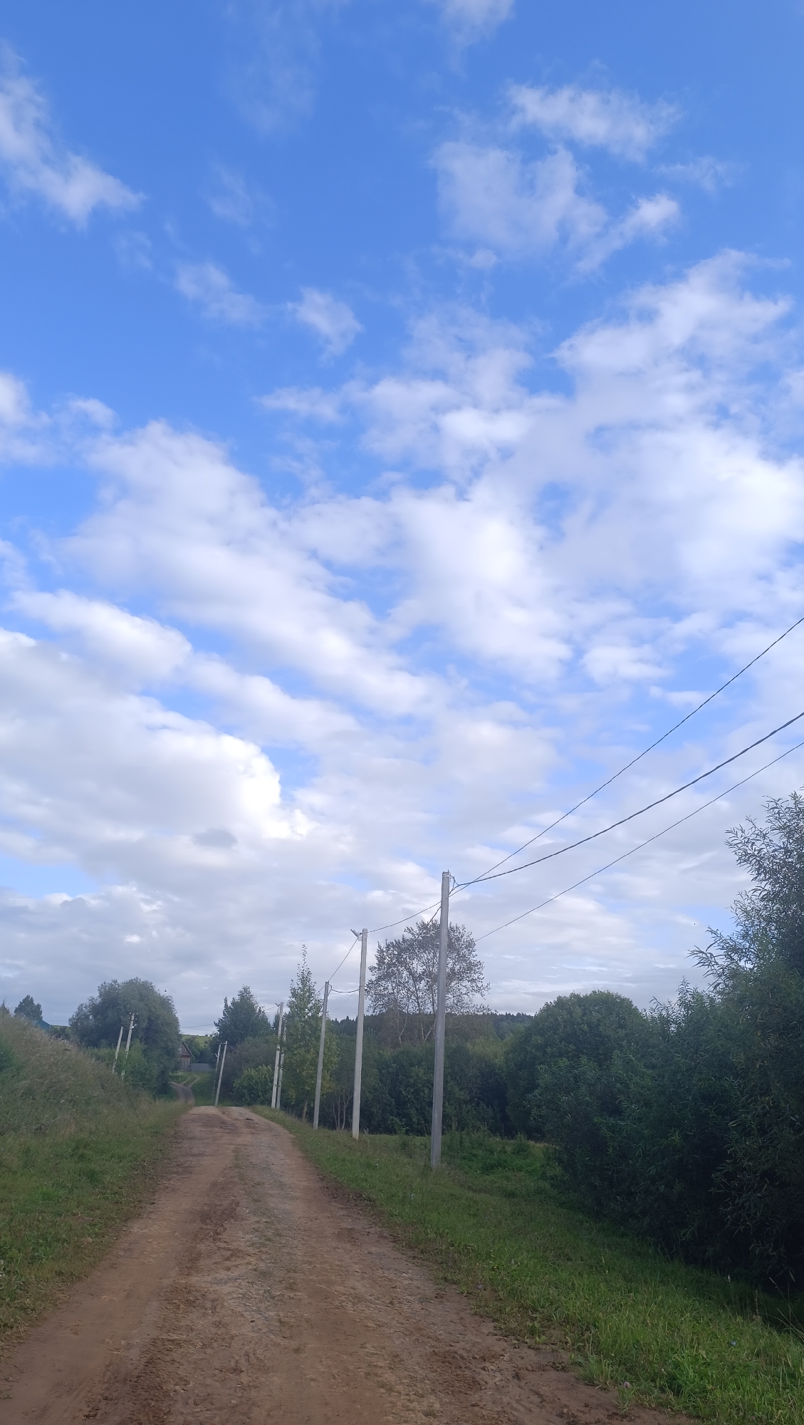 A dirt road, appearing to be in a rural or semi-rural area, curves uphill into the distance, flanked by green grass and trees on either side. Utility poles with wires run along the right side of the road. The sky above is a vibrant blue, dotted with white, fluffy clouds. The scene suggests an outdoor, possibly overcast day. No people or specific landmarks are visible to indicate it is in Karsha, Russia.