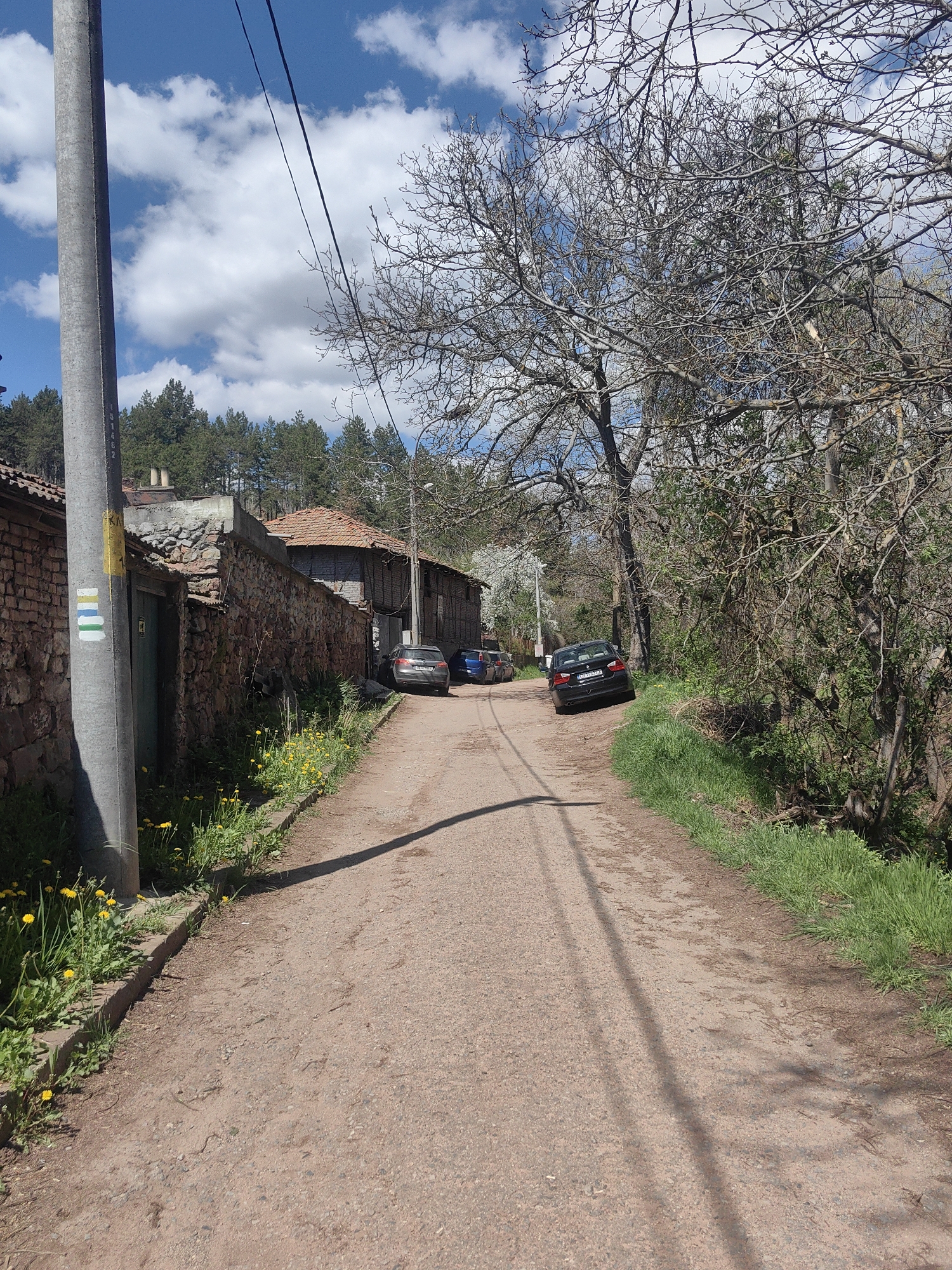 The image shows a narrow, unpaved road in the Lokorsko area of Bulgaria. The road is flanked by old stone and brick buildings on the left and trees and vegetation on the right. Several cars are parked along the road. A concrete utility pole stands on the left. The sky is blue with scattered clouds. Dandelions grow along the roadside. The trees have bare branches, indicating early spring.