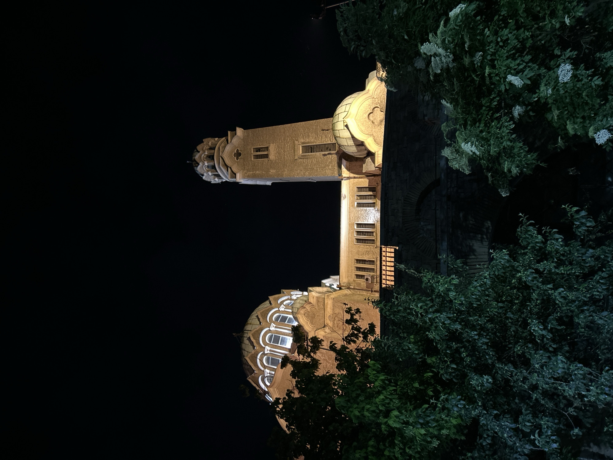The image captures a building in Veliko Tarnovo, Bulgaria, at night. The structure is illuminated and displays architectural details, including windows and domes. Trees with green foliage surround the building. The background is dark, suggesting it is nighttime.
