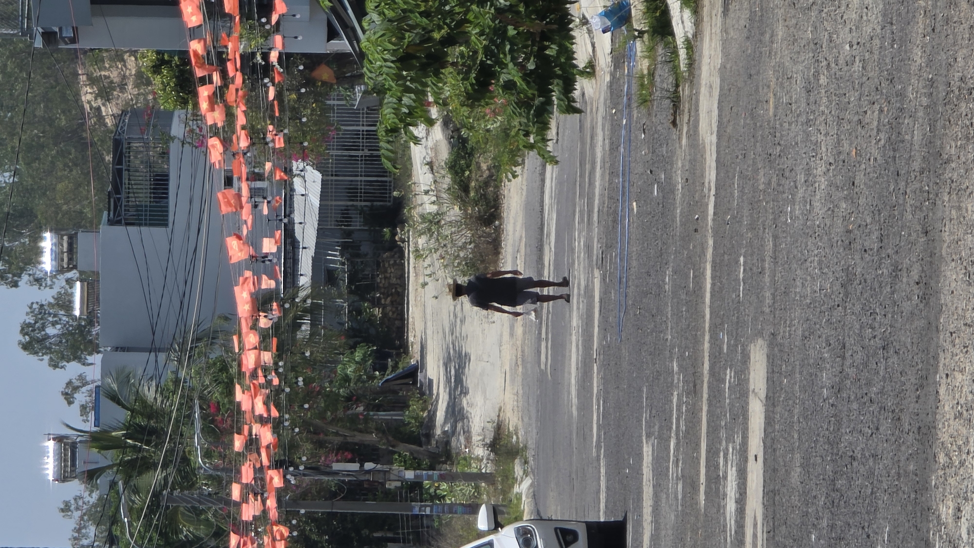 A vertical shot of a street scene in Bắc Nha Trang, Vietnam, shows a man walking on a partially paved road with a straw hat. Buildings stand on one side of the road, adorned with many small Vietnamese flags. A white vehicle appears at the bottom of the shot. The road's asphalt surface has patches of lighter, worn concrete and is marked with a thin, blue line. The environment includes roadside vegetation and trees.