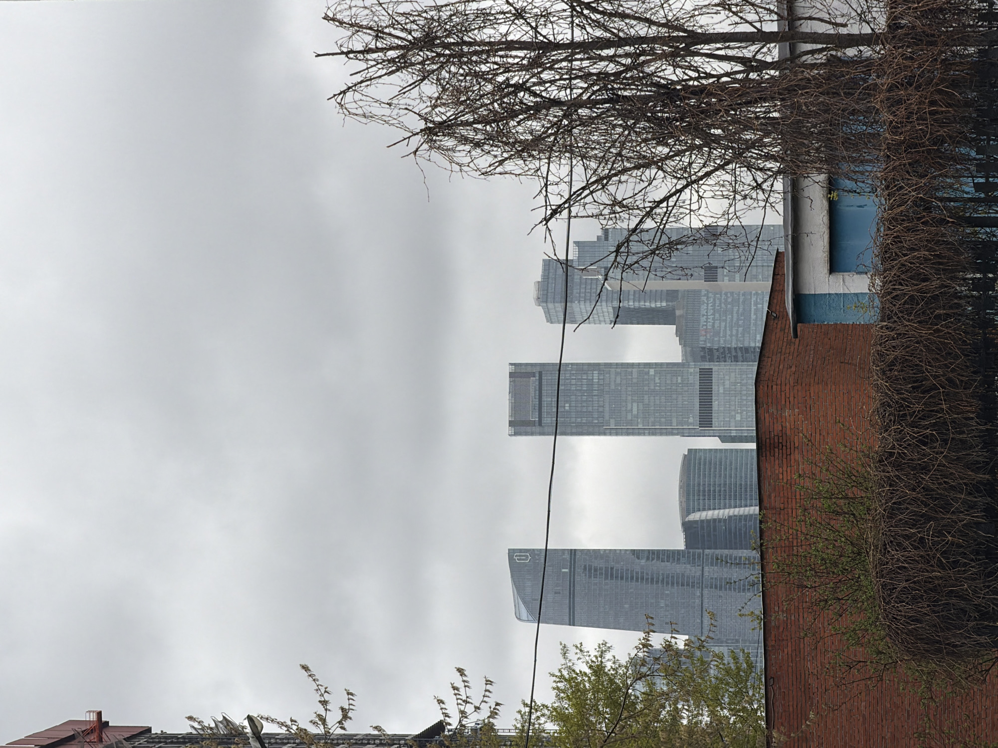 The image shows a view of the Moscow International Business Center ("Moscow City") skyline through bare branches and a brick building. The sky is overcast. An electrical wire is visible.